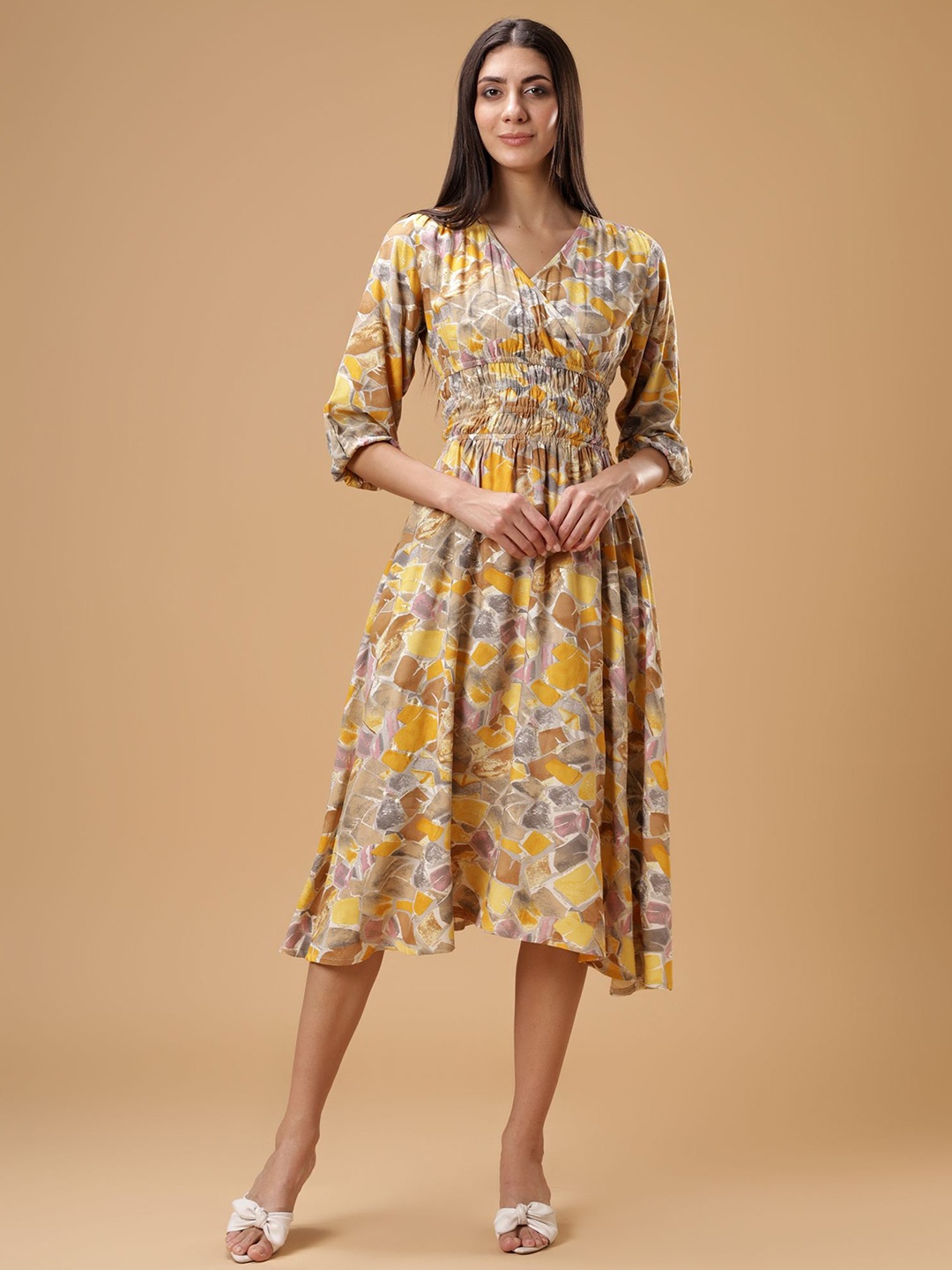 

Bani Women Floral Print Puff Sleeves Smocked Liva Fit & Flare Midi Dress, Yellow