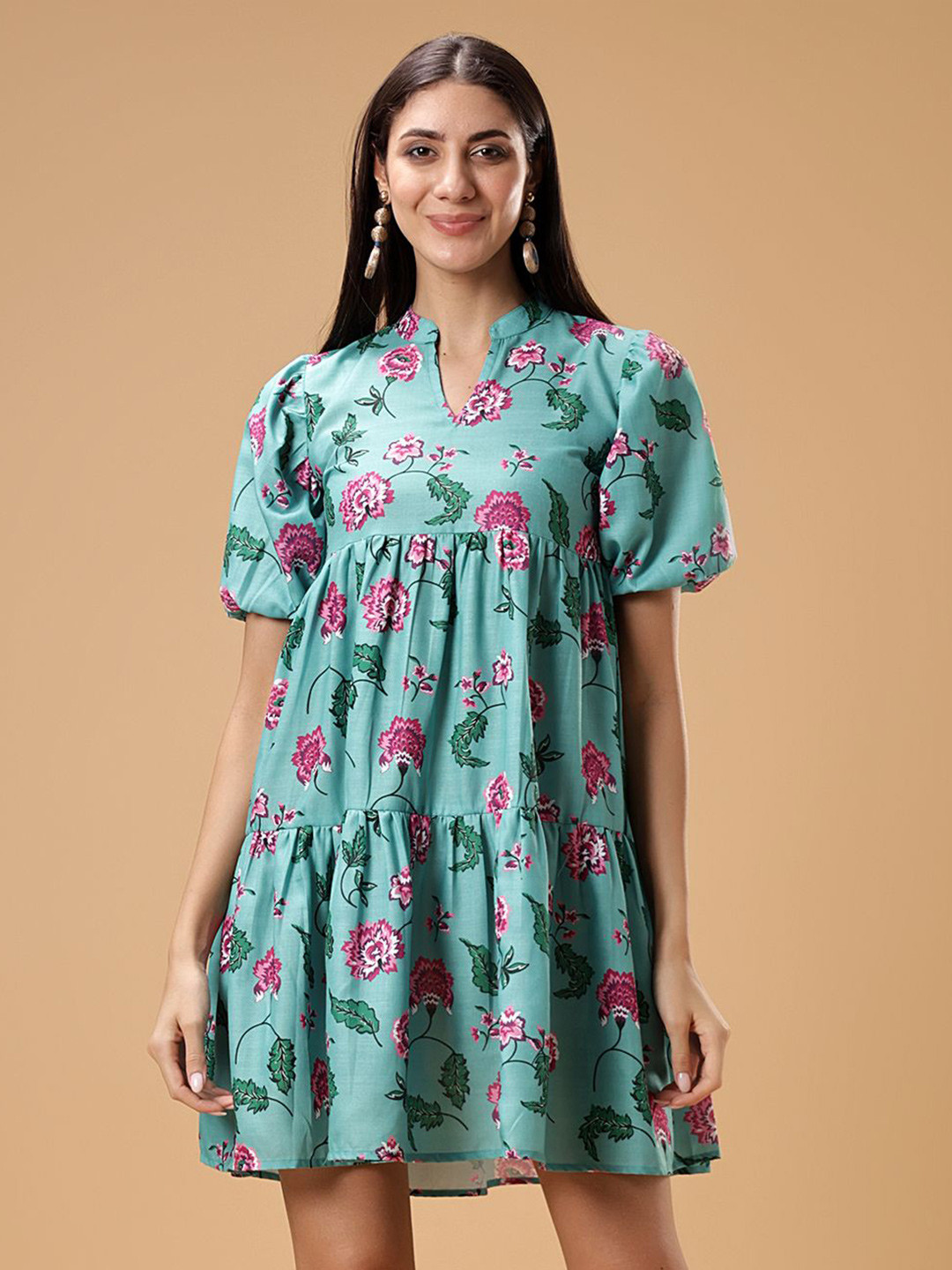 

Bani Women Floral Print Mandarin Collar Puff Sleeves Tiered A-Line Dress, Green