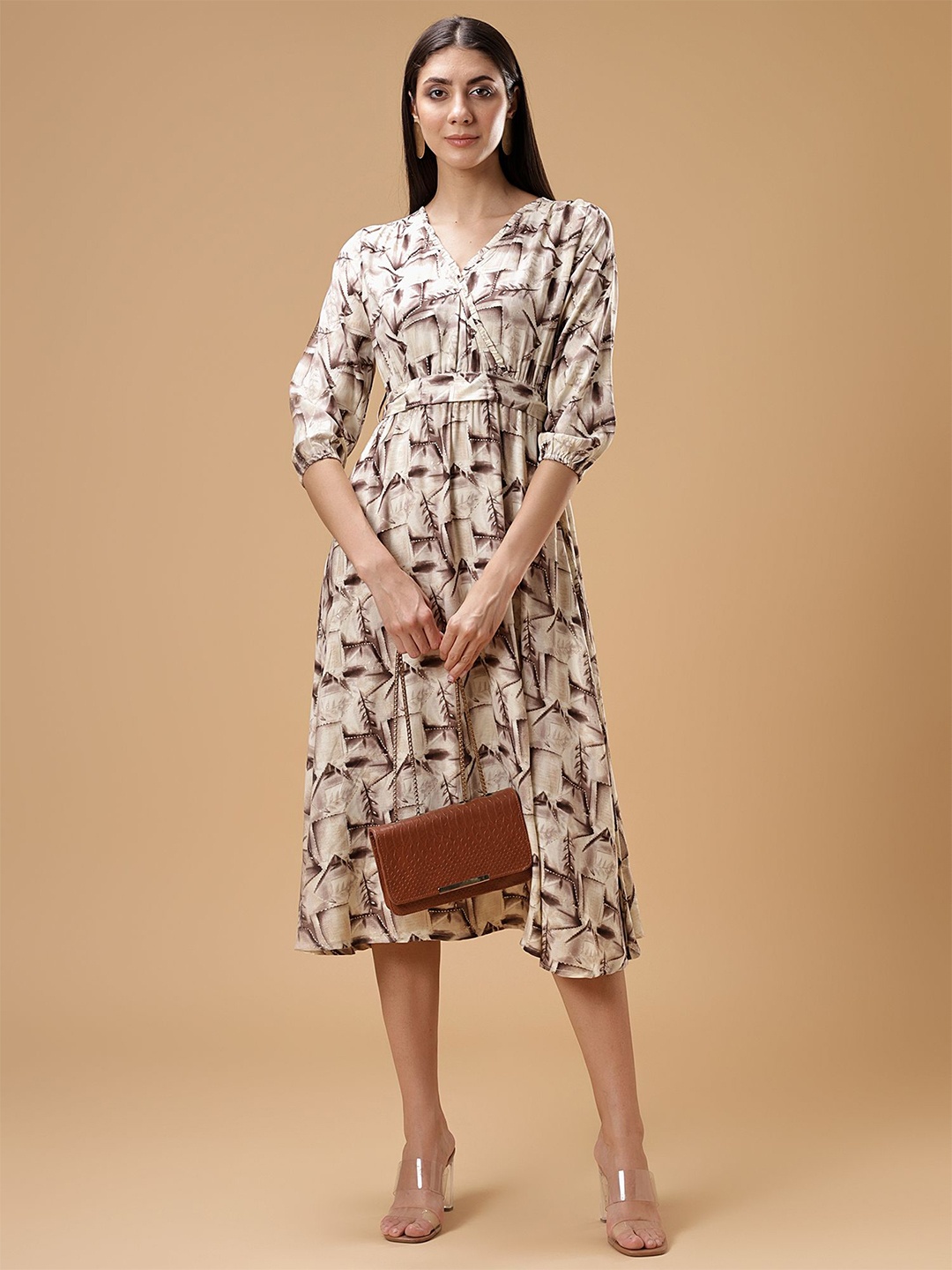 

Bani Women Floral Print V-Neck Liva Fit & Flare Midi Dress, Off white
