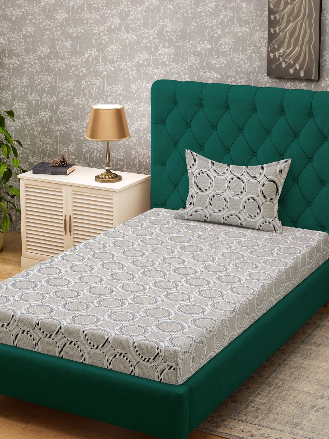

KLOTTHE Beige & Grey Printed Pure Cotton 400 TC Single Bedsheet With Pillow Cover