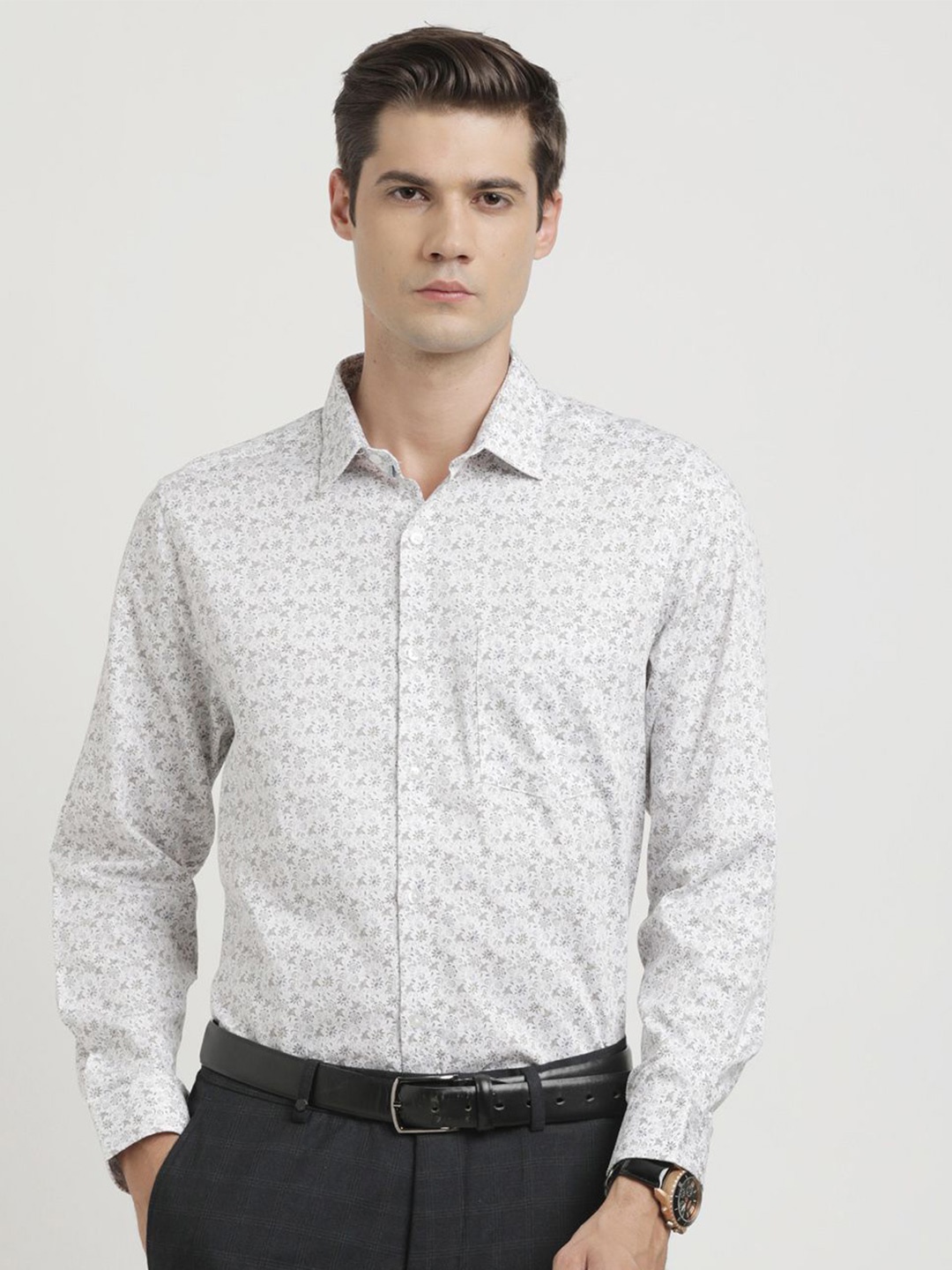 

Turtle Classic Floral Printed Spread Collar Pure Cotton Formal Shirt, White