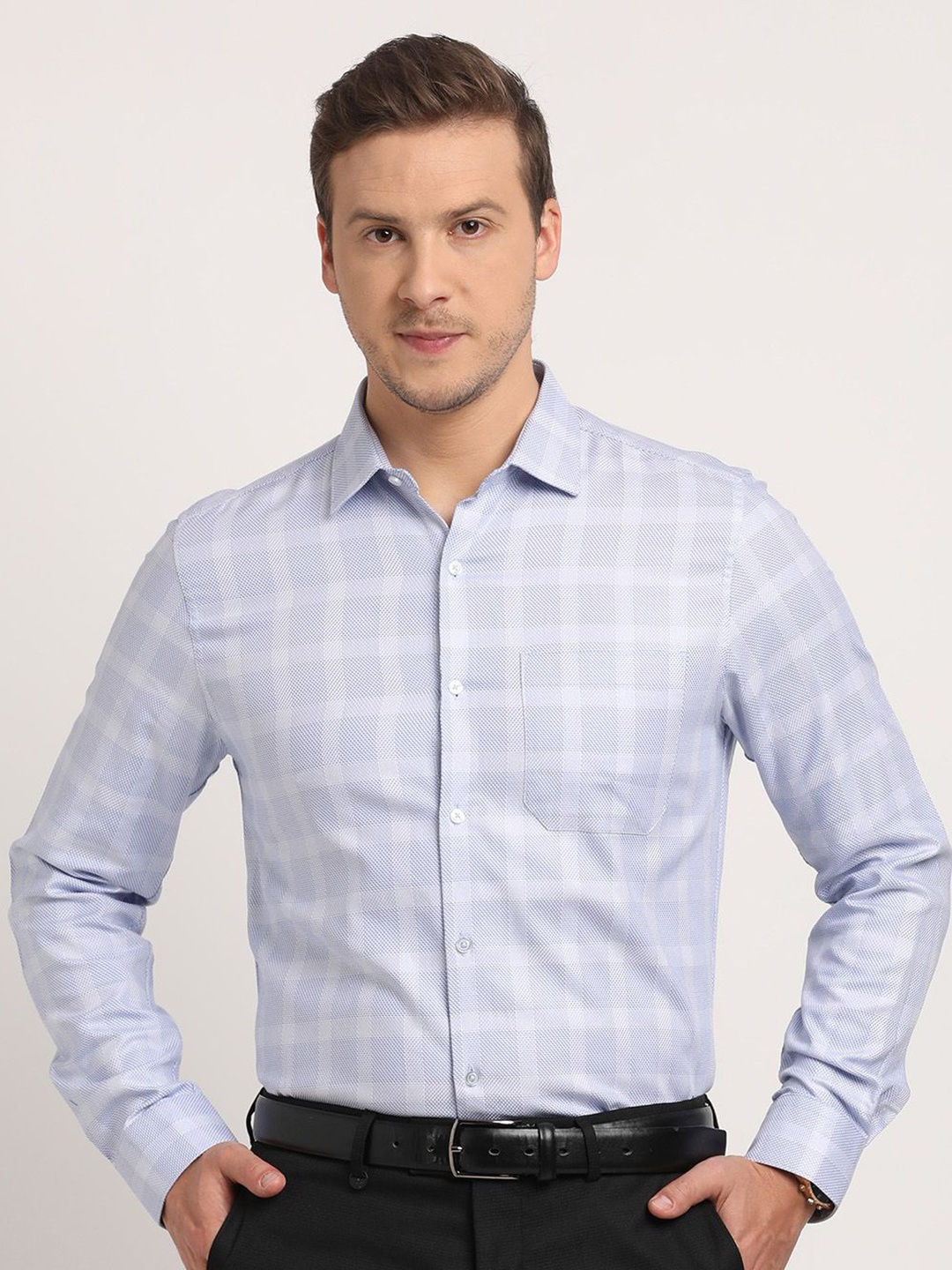 

Turtle Men Classic Slim Fit Opaque Checked Formal Shirt, Blue