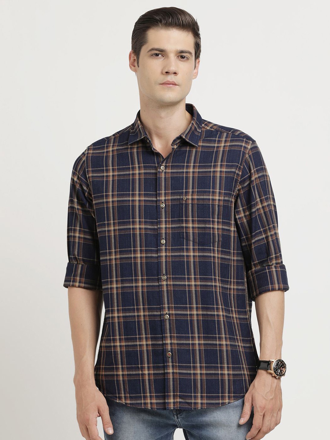 

Turtle Men Relaxed Slim Fit Tartan Checks Opaque Checked Casual Shirt, Navy blue