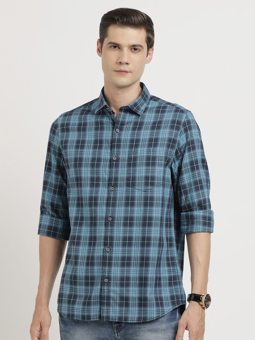 

Turtle Relaxed Slim Fit Tartan Checks Pure Cotton Casual Shirt, Blue