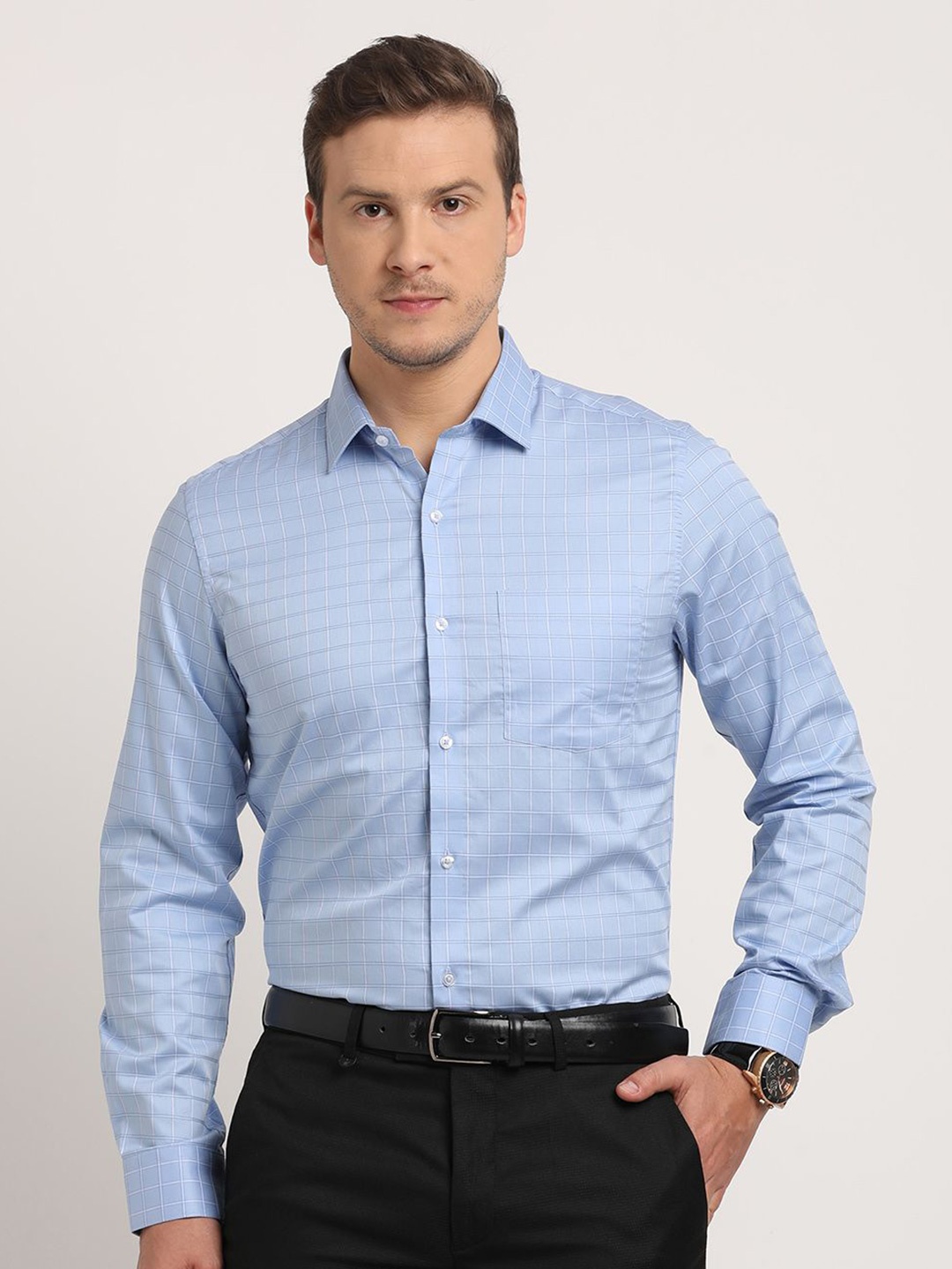 

Turtle Men Classic Slim Fit Horizontal Stripes Opaque Checked Formal Shirt, Blue