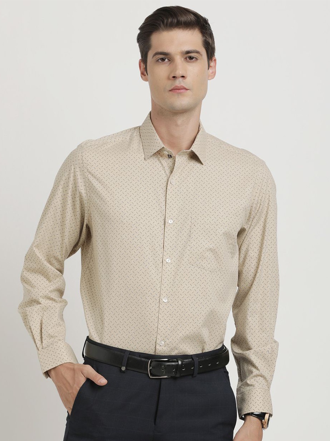 

Turtle Men Classic Opaque Printed Formal Shirt, Beige
