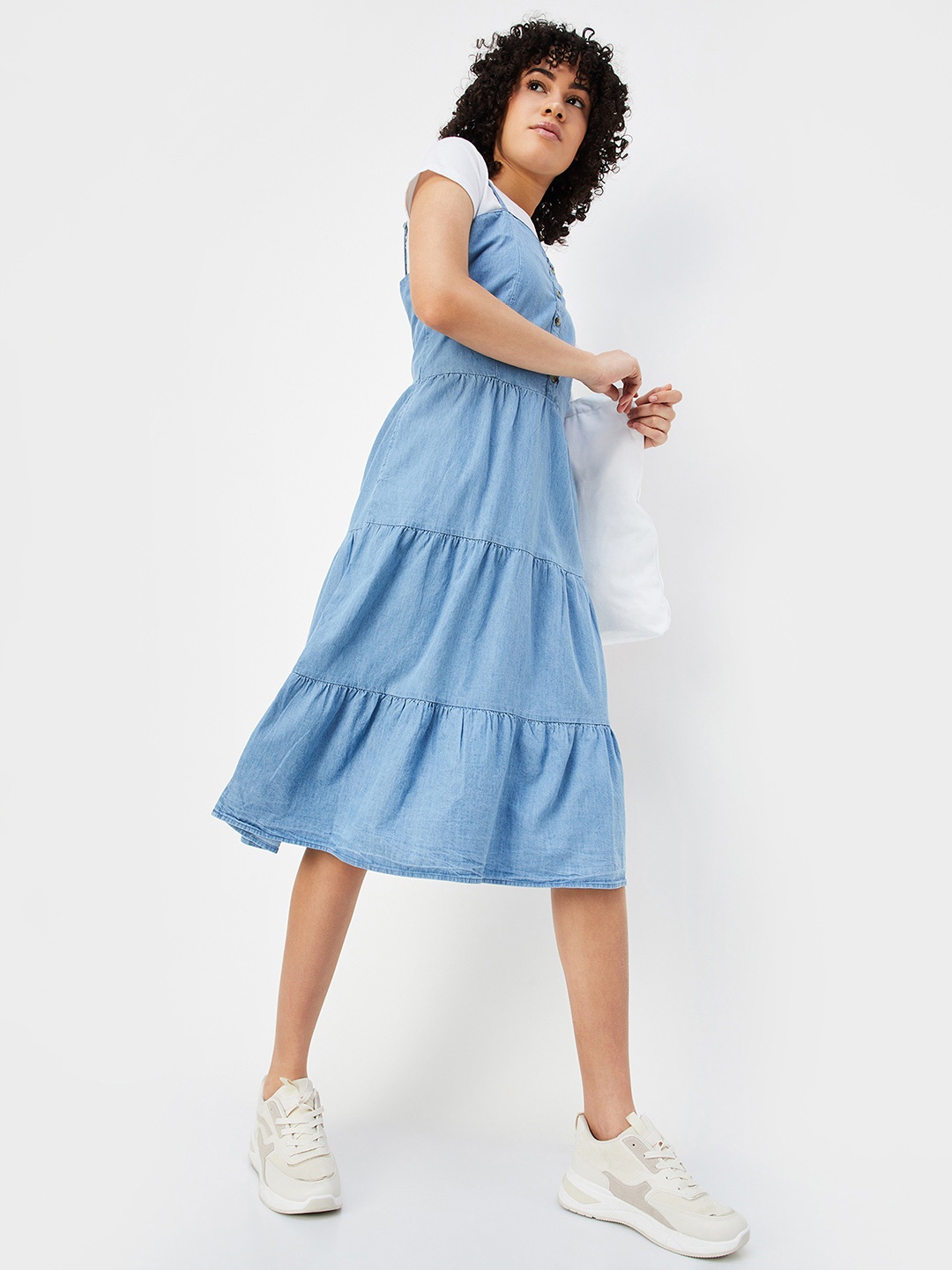 

max Shoulder Straps Cotton A-Line Midi Dress, Blue