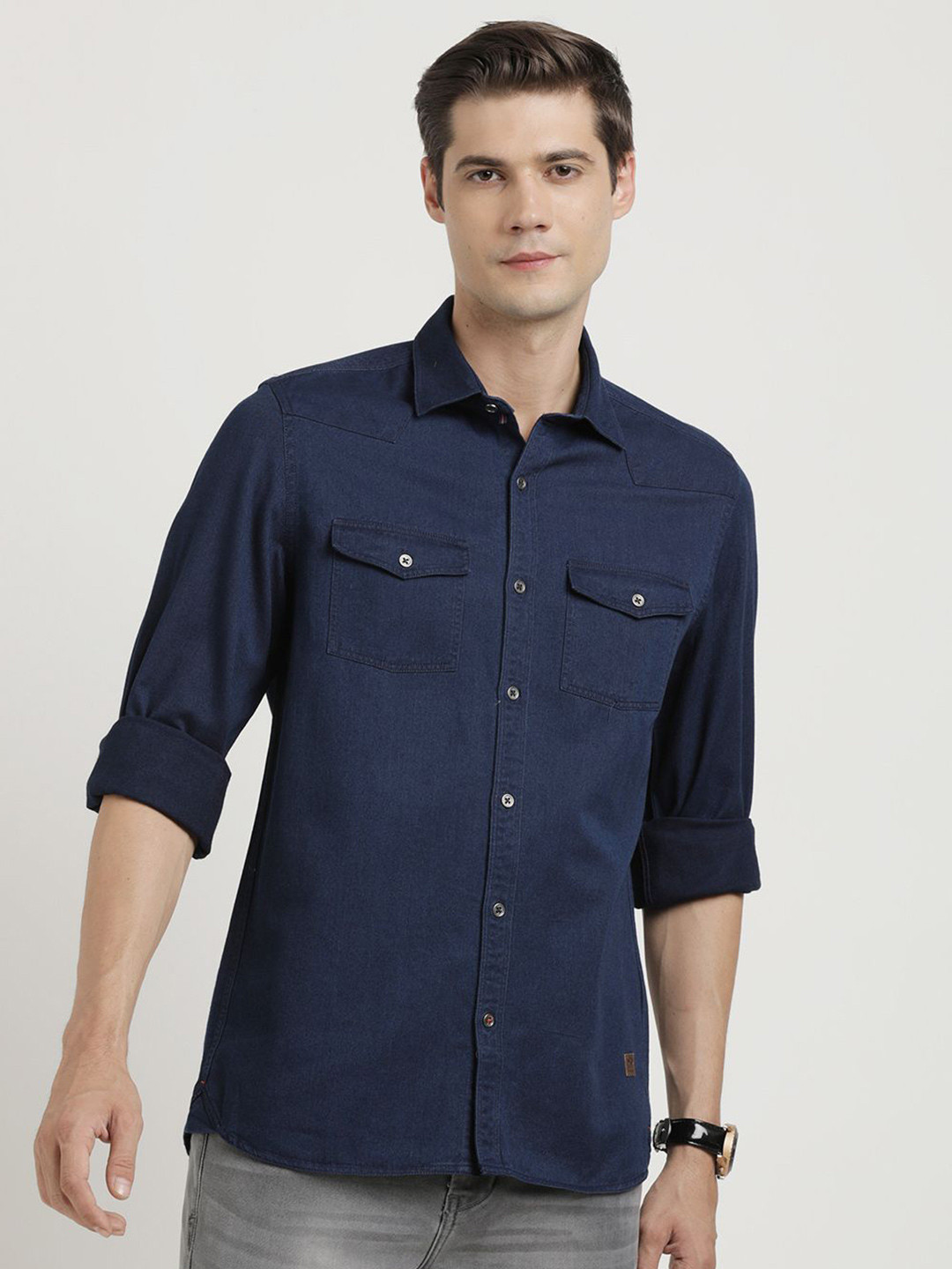 

Turtle Relaxed Slim Fit Spread Collar Pure Cotton Casual Shirt, Navy blue
