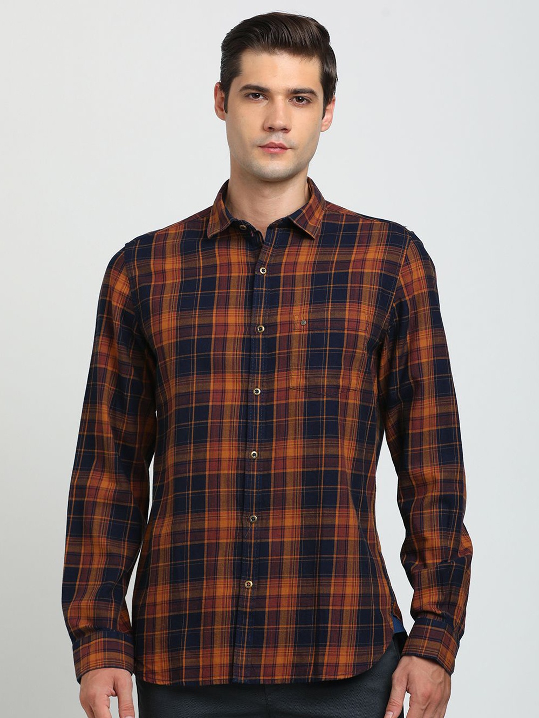 

Turtle Relaxed Slim Fit Tartan Checks Pure Cotton Casual Shirt, Mustard