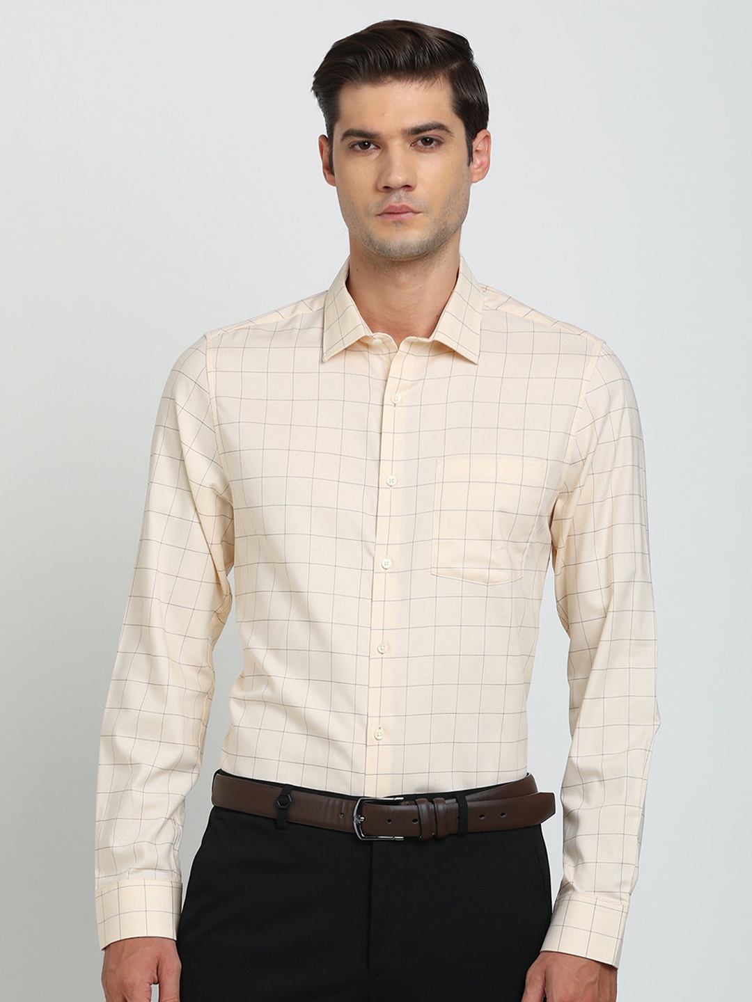 

Turtle Men Classic Slim Fit Opaque Checked Formal Shirt, Yellow