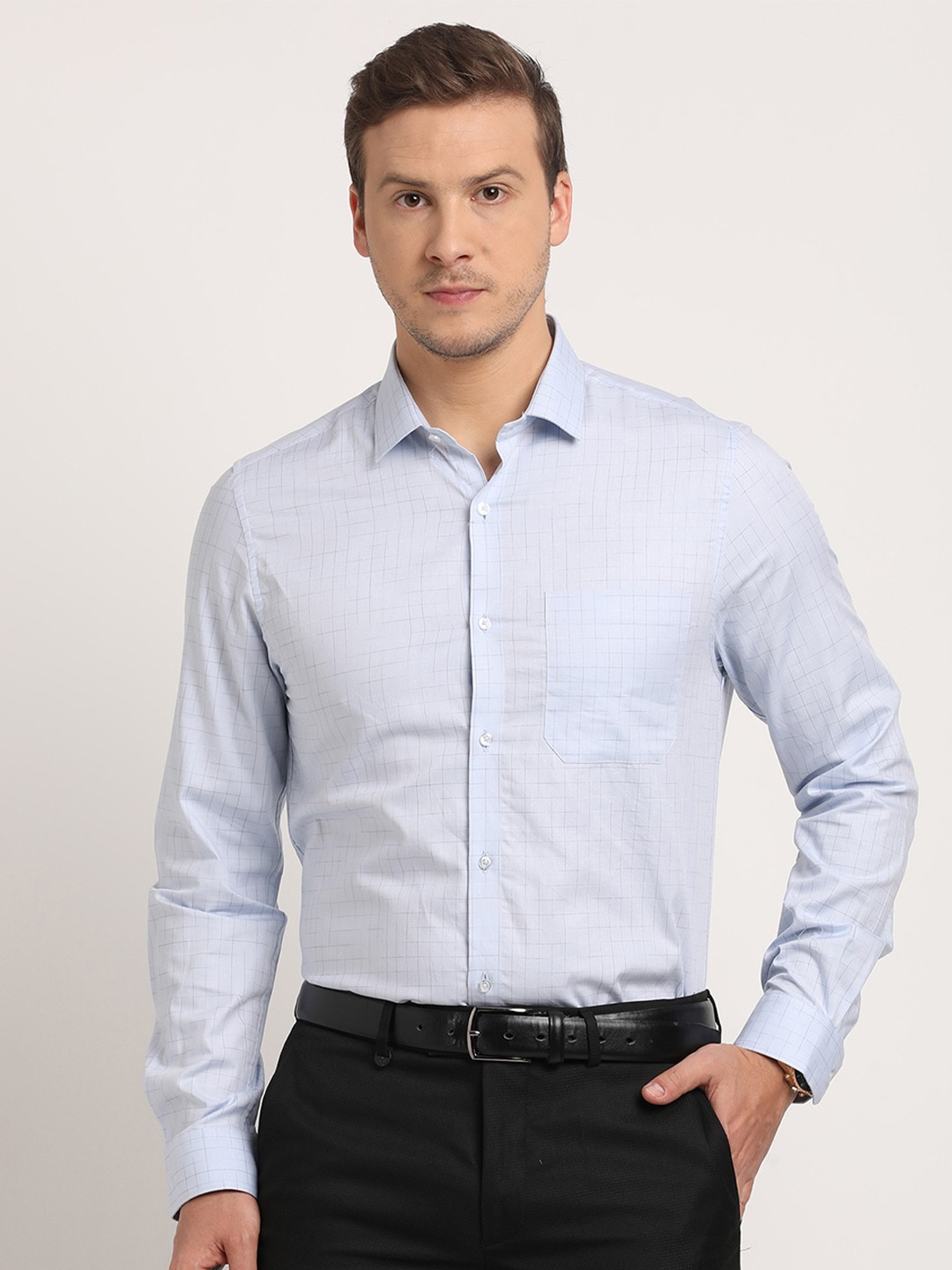 

Turtle Men Classic Slim Fit Opaque Checked Formal Shirt, Blue