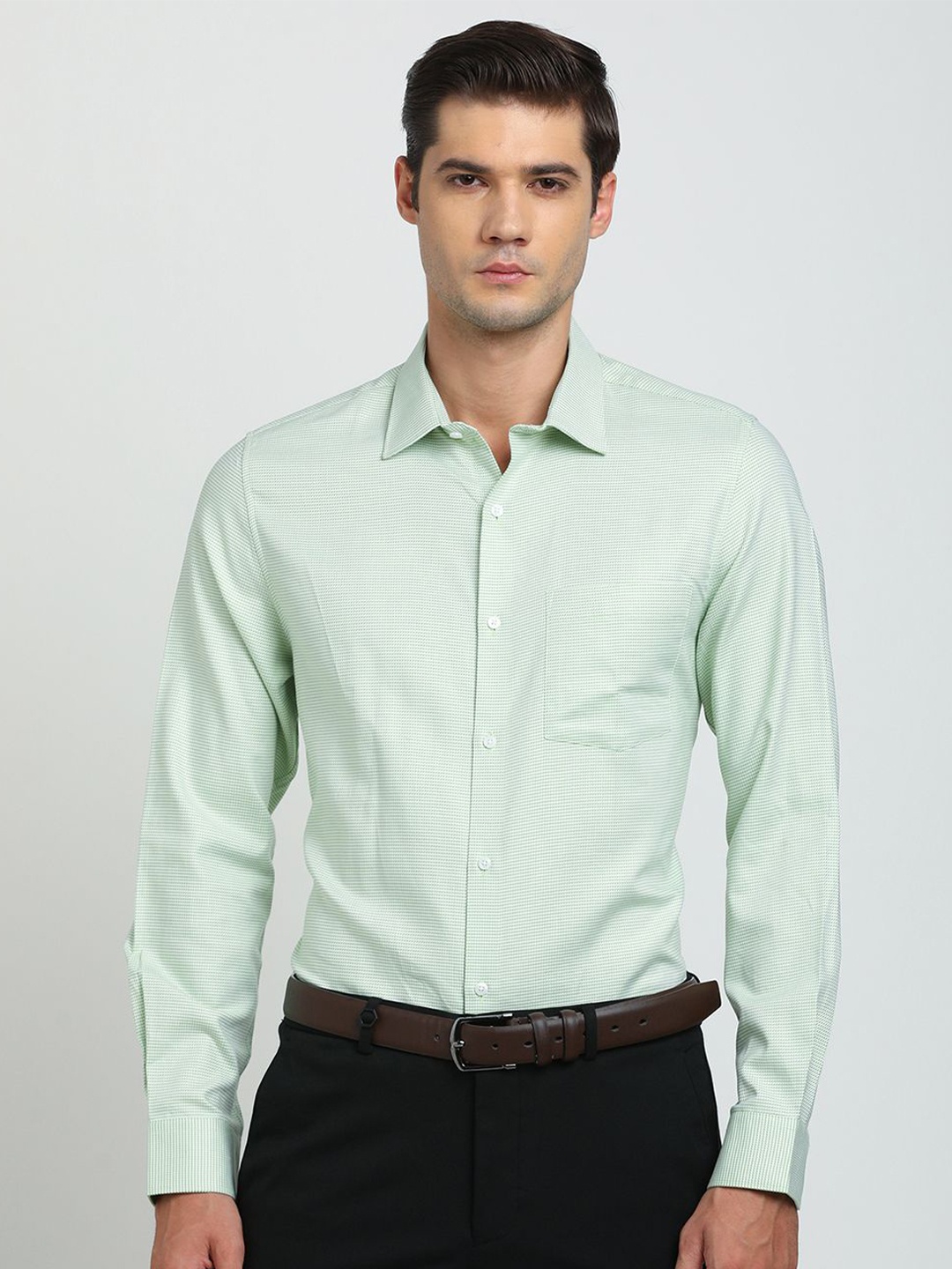 

Turtle Men Classic Slim Fit Opaque Checked Formal Shirt, Green