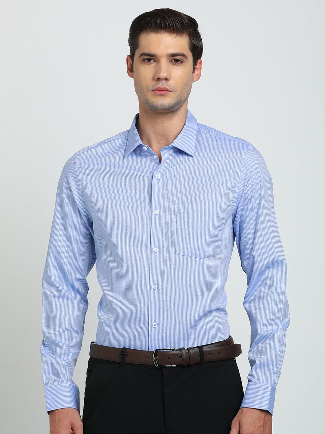 

Turtle Spread Collar Long Sleeves Classic Slim Fit Striped Formal Shirt, Blue