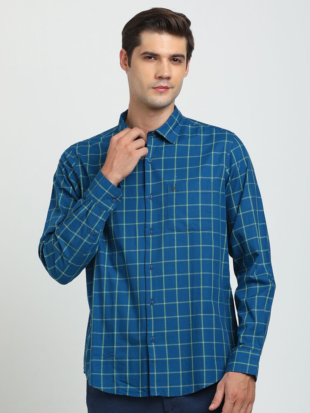 

Turtle Men Relaxed Slim Fit Tartan Checks Opaque Checked Casual Shirt, Teal