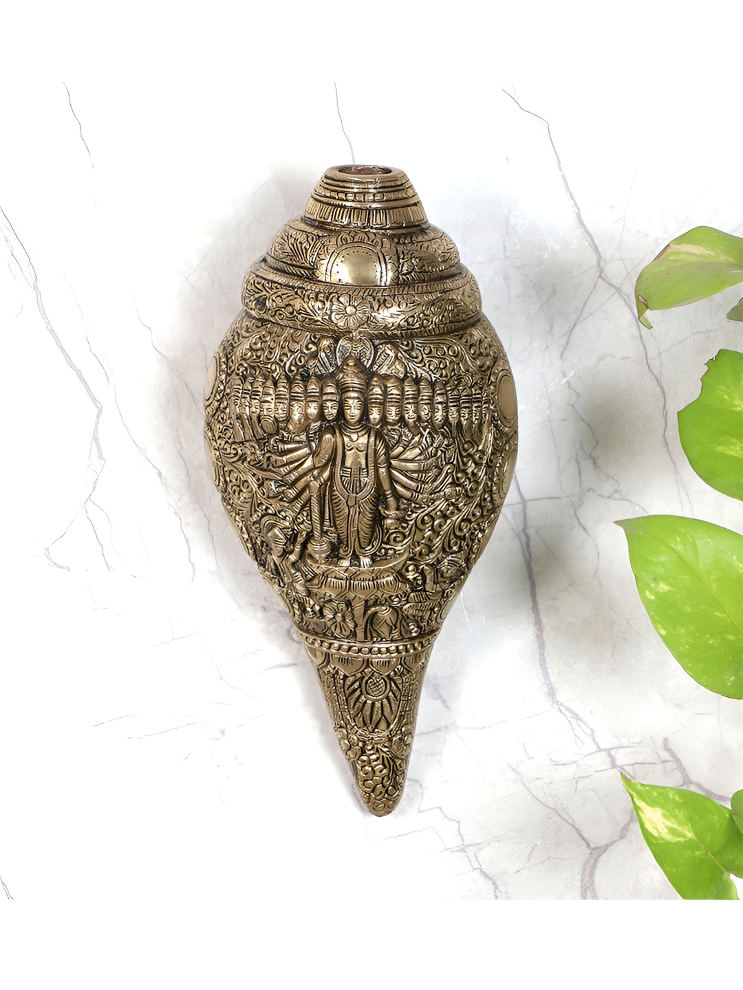 

Two Moustaches Virat Roop Vishnu Brass Shankh Religious Curio Showpiece, Gold