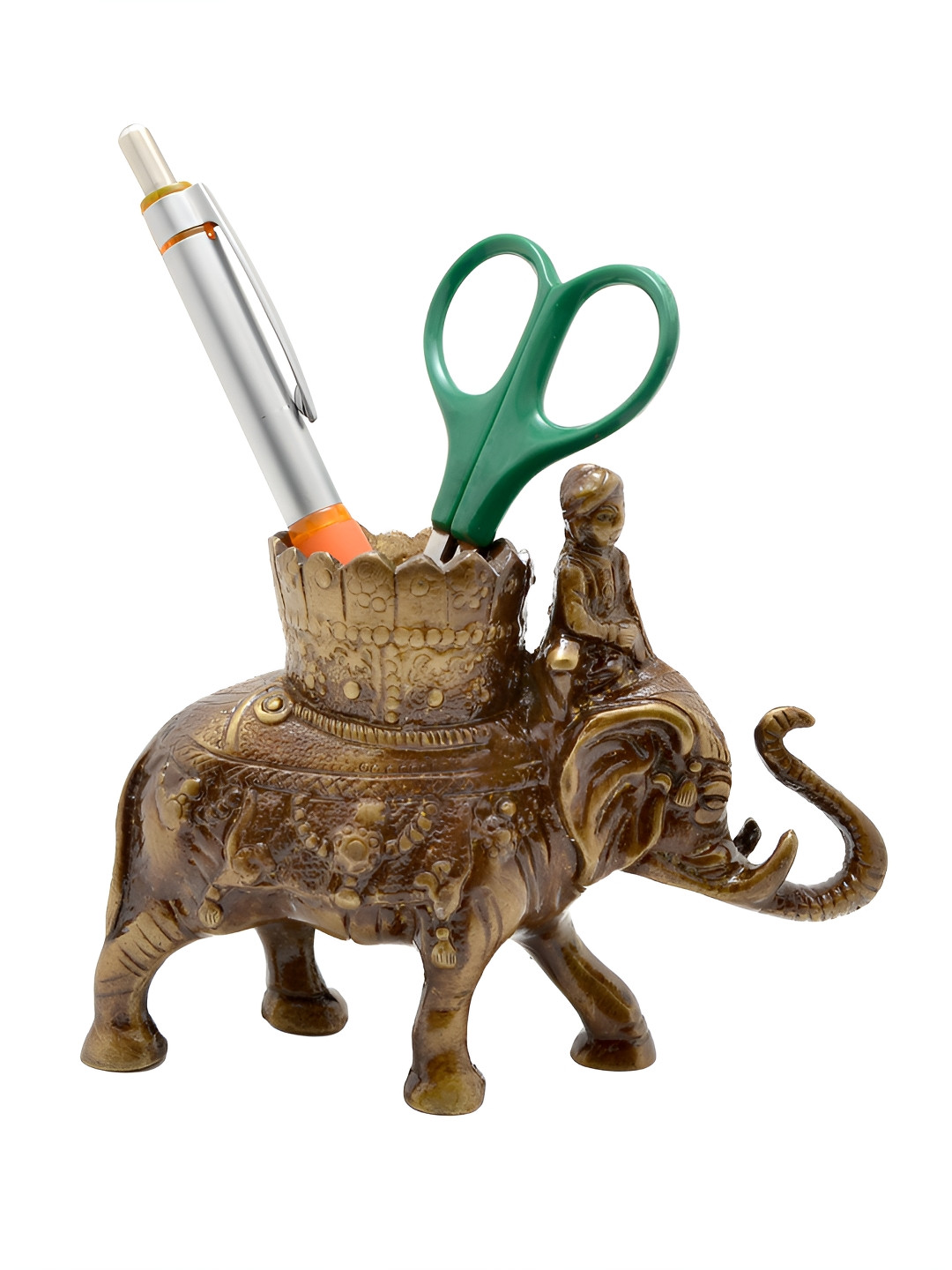 

Two Moustaches Brown Brass Royal Elephant Savari Pen Holder Showpiece