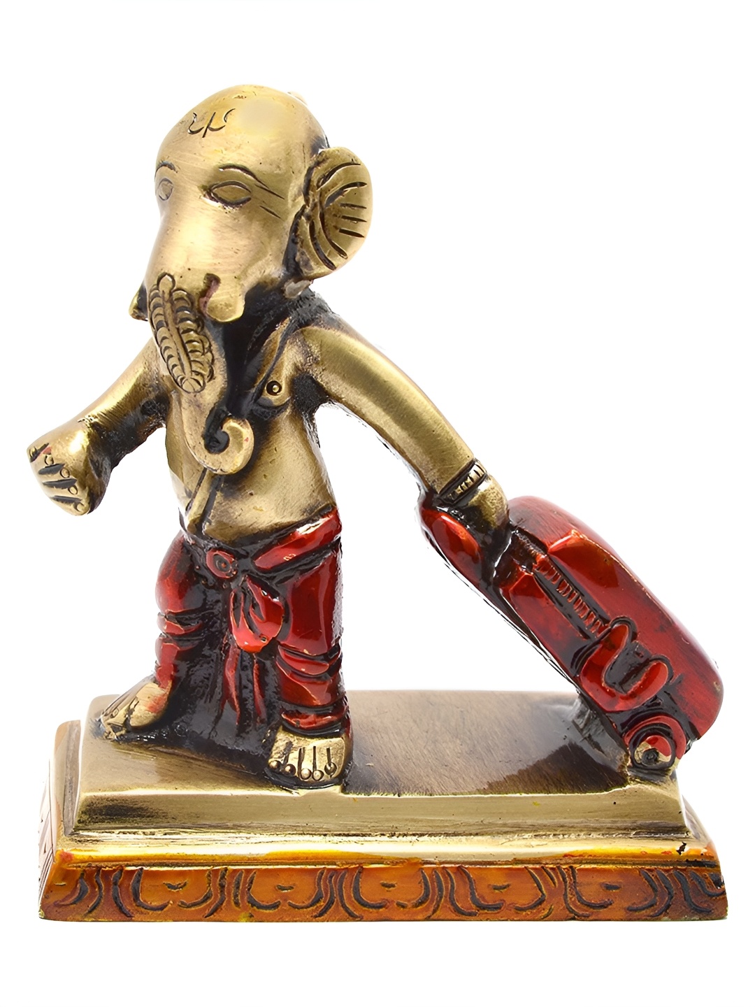 

Two Moustaches Gold Toned & Red Ganesha Carrying Happiness in Luggage Brass Showpiece