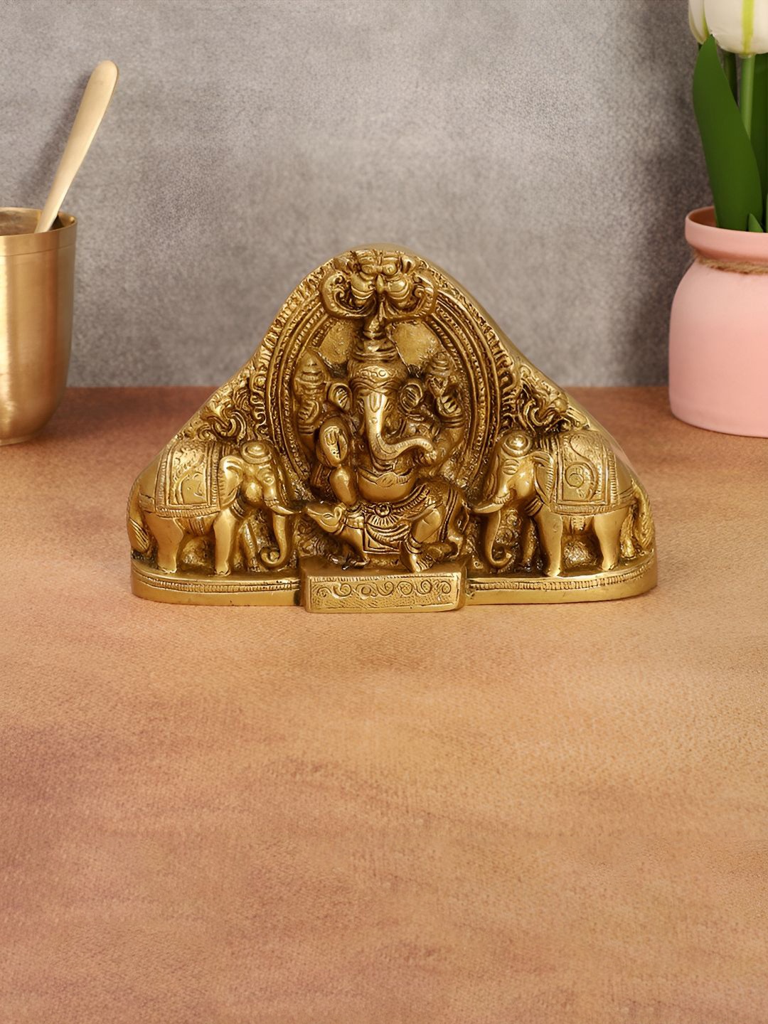 

Two Moustaches Gold Toned Lord Ganesha with Elephants Showpiece, Brown