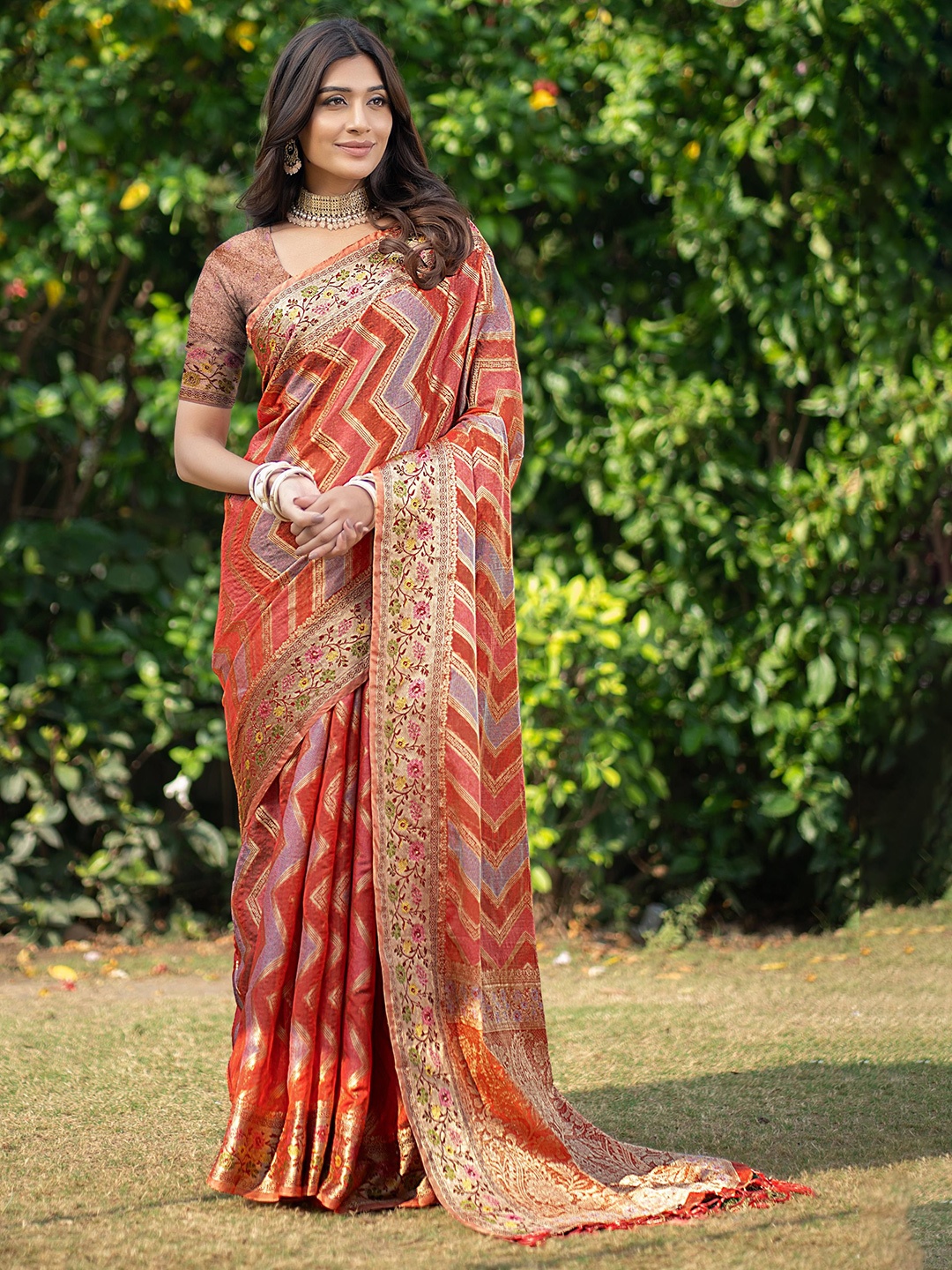 

ALAGINI Woven Design Zari Organza Leheriya Saree, Orange