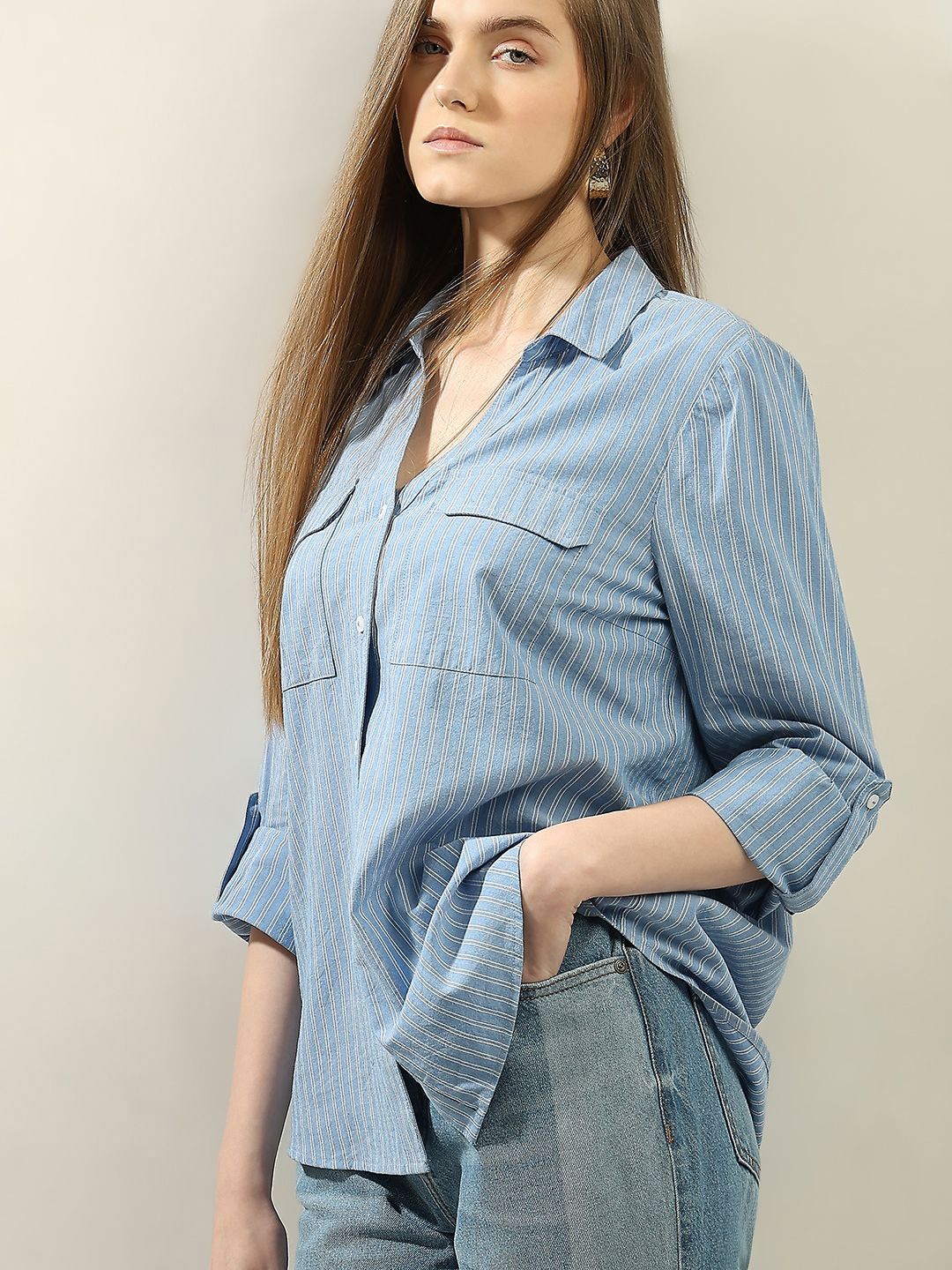 

Vero Moda Vertical Stripes Roll-Up Sleeves Casual Shirt, Blue