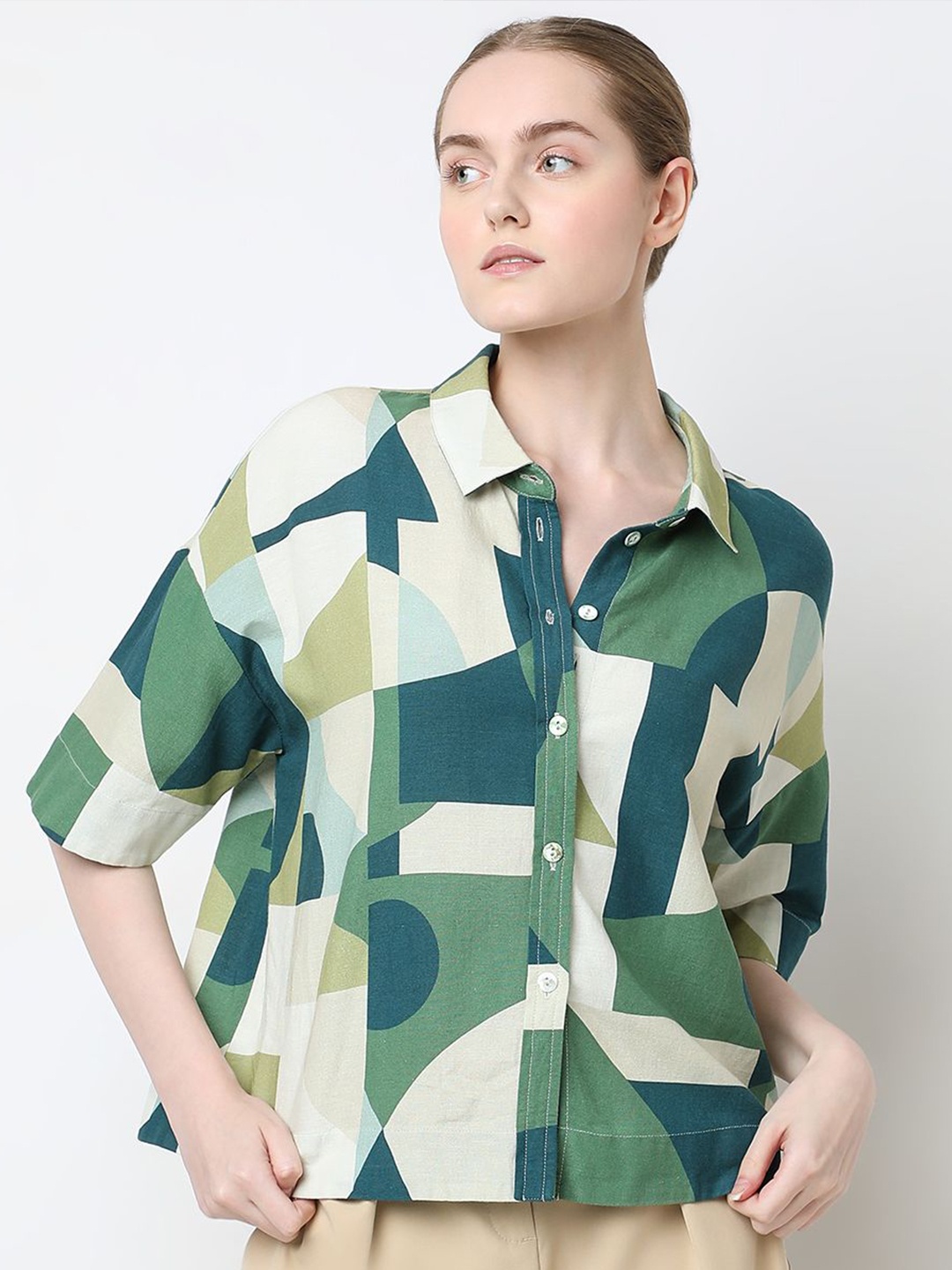 

Vero Moda Abstract Printed Spread Collar Casual Shirt, Beige