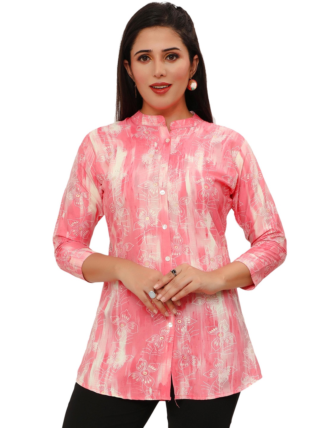 

SWAADHI Floral Print Bell Sleeve Top, Pink