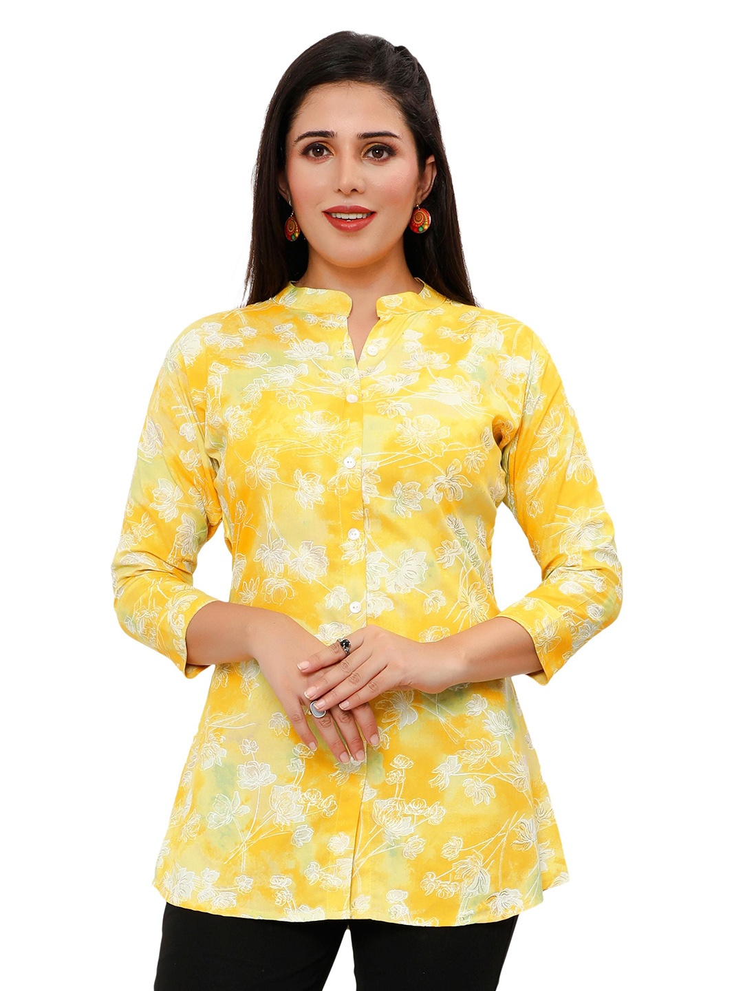 

SWAADHI Floral Printed Mandarin Collar Shirt Style Top, Yellow