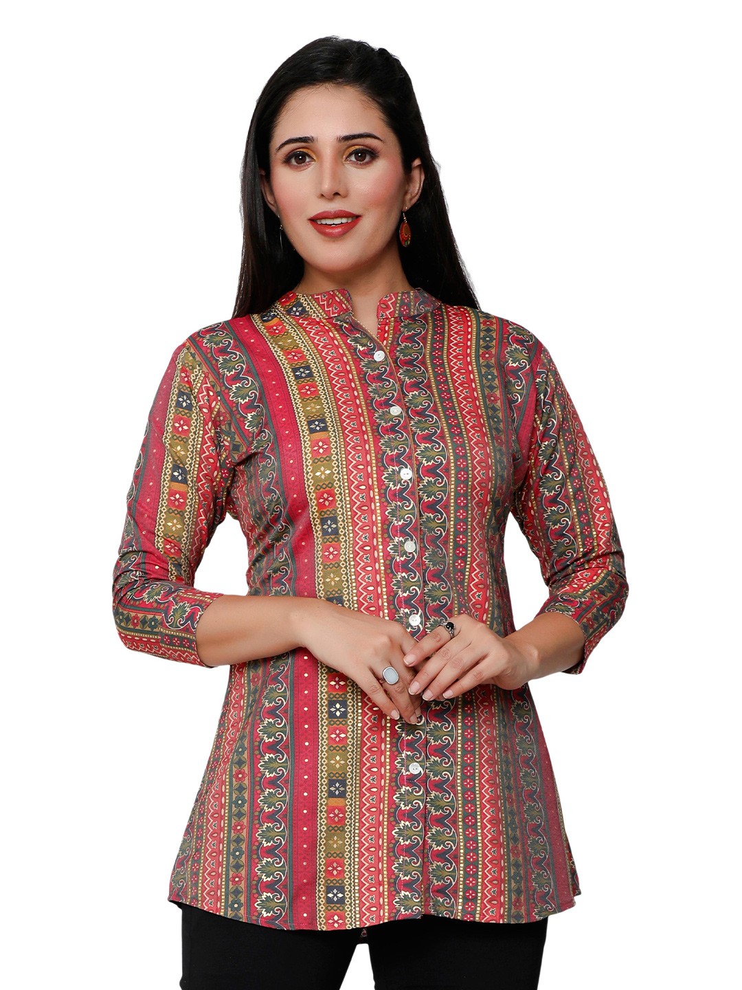 

SWAADHI Ethnic Printed Mandarin Collar A-Line Top, Brown