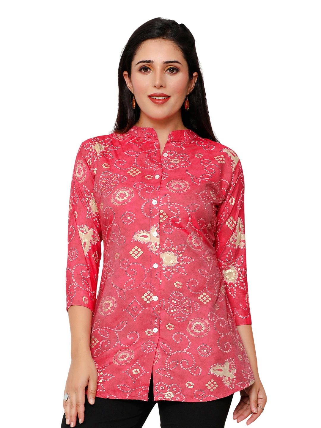 

SWAADHI Ethnic Printed Mandarin Collar A-Line Top, Red