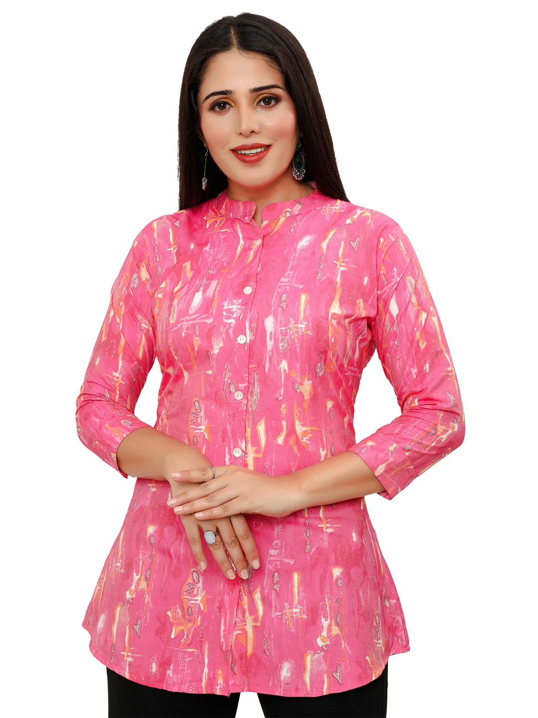 

SWAADHI Abstract Printed Mandarin Collar Shirt Style Top, Pink