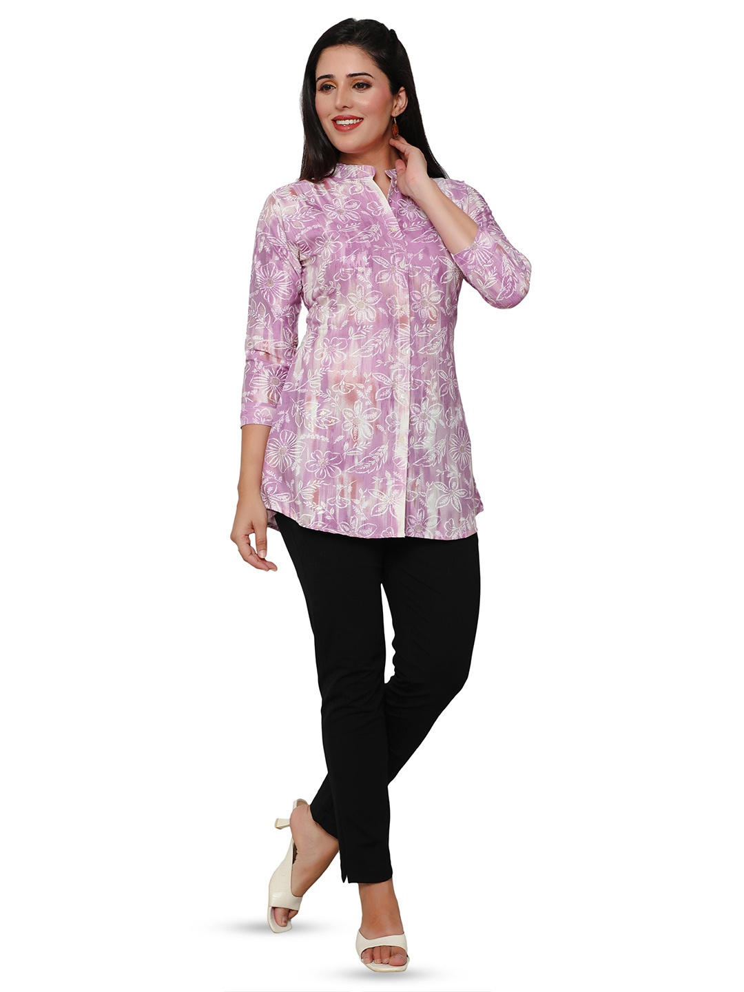 

SWAADHI Floral Printed Mandarin Collar Shirt Style Top, Purple