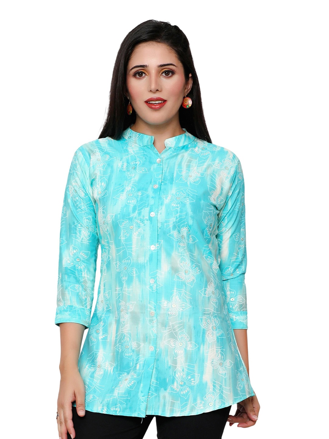 

SWAADHI Floral Printed Mandarin Collar Shirt Style Top, Blue