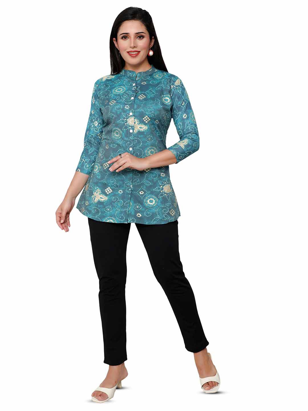 

SWAADHI Ethnic Printed Mandarin Collar Shirt Style Top, Blue