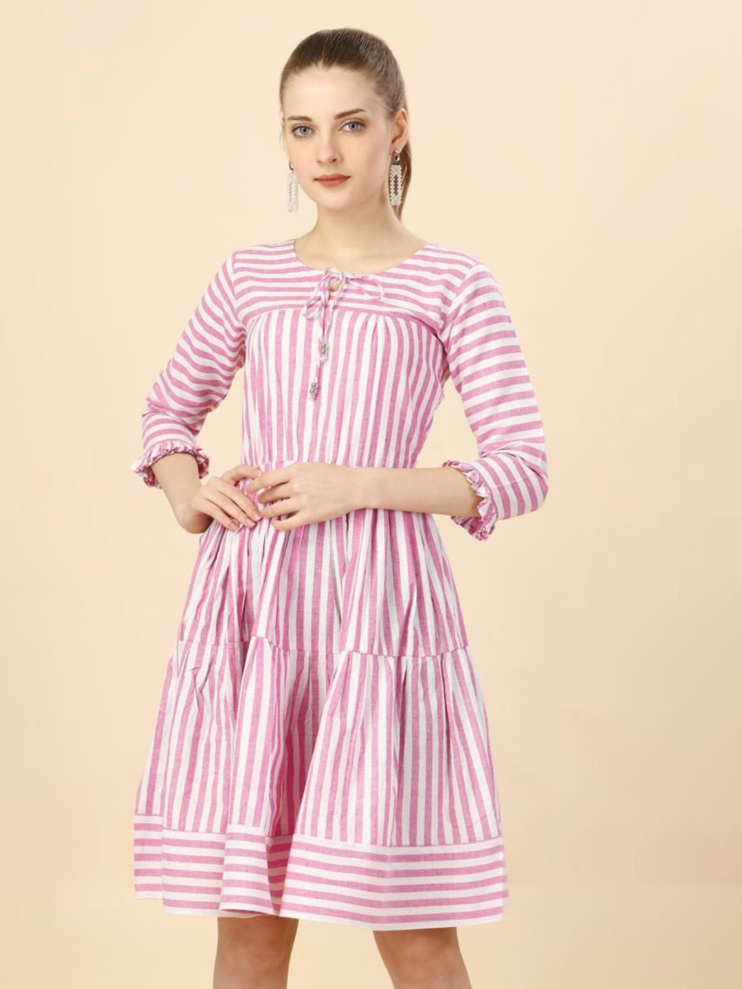 

TextileNow Striped Fit & Flare Dress, Pink