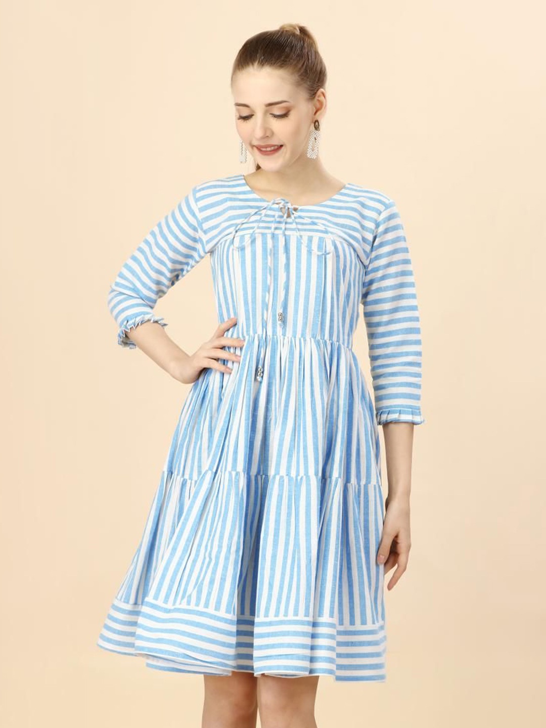 

TextileNow Striped Tie-Up Neck Pure Cotton Tiered Fit & Flare Dress, Blue