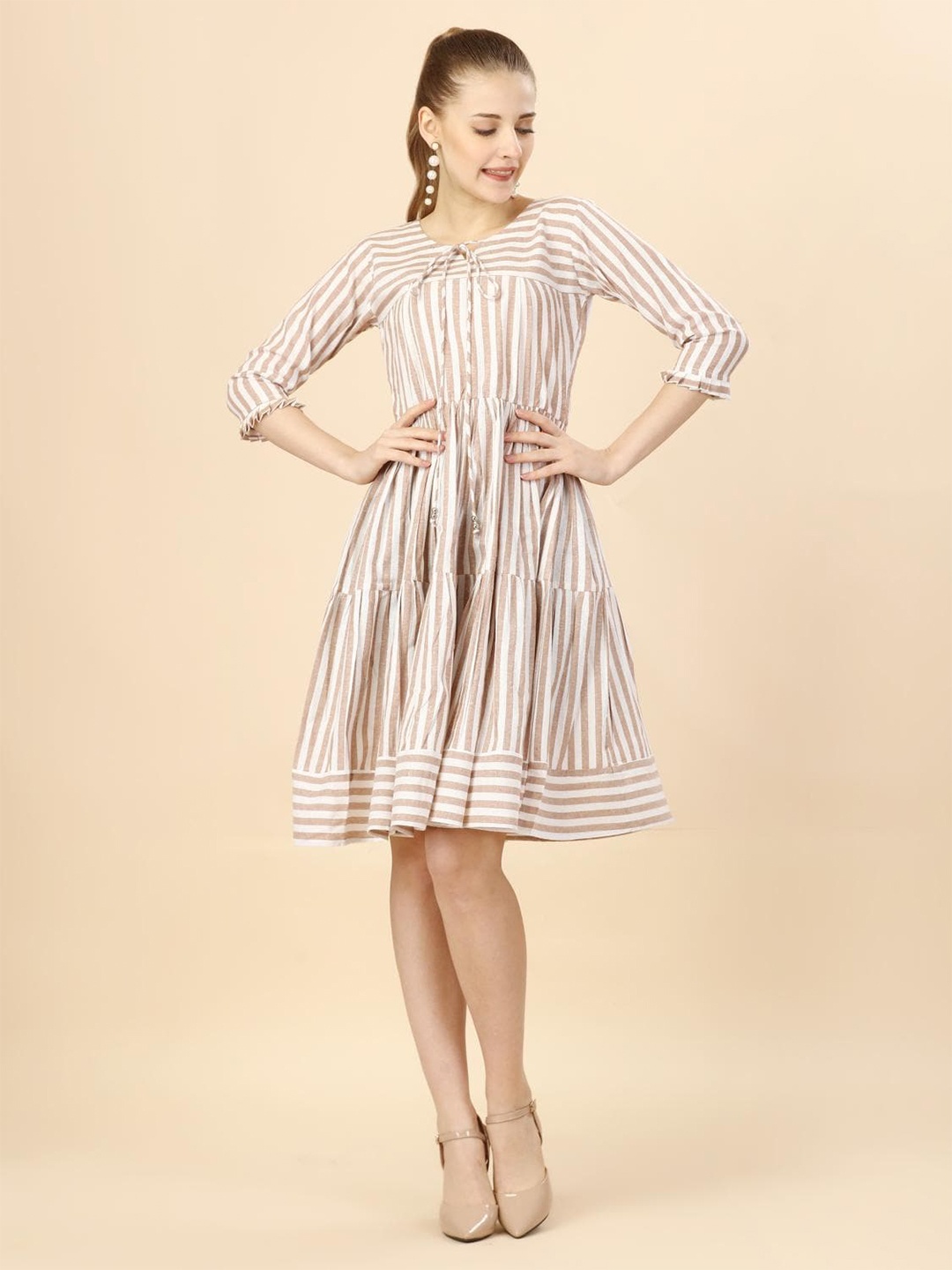 

TextileNow Striped Tie-Up Neck Pure Cotton Tiered Fit & Flare Dress, Beige