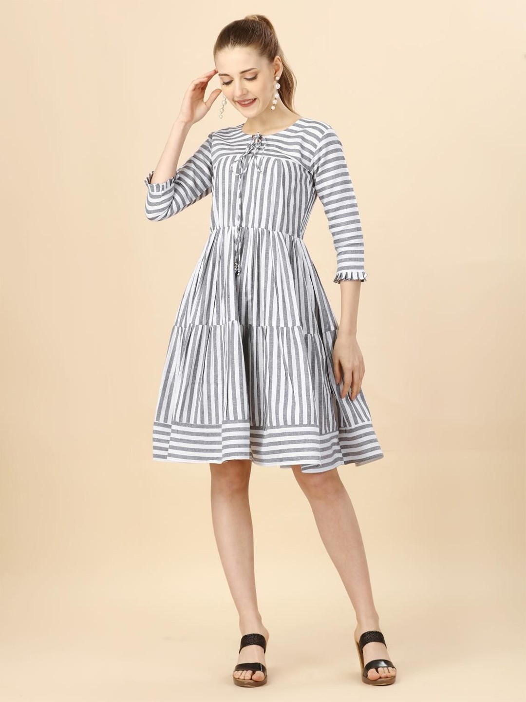 

TextileNow Striped Tie-Up Neck Pure Cotton Tiered Fit & Flare Dress, Grey