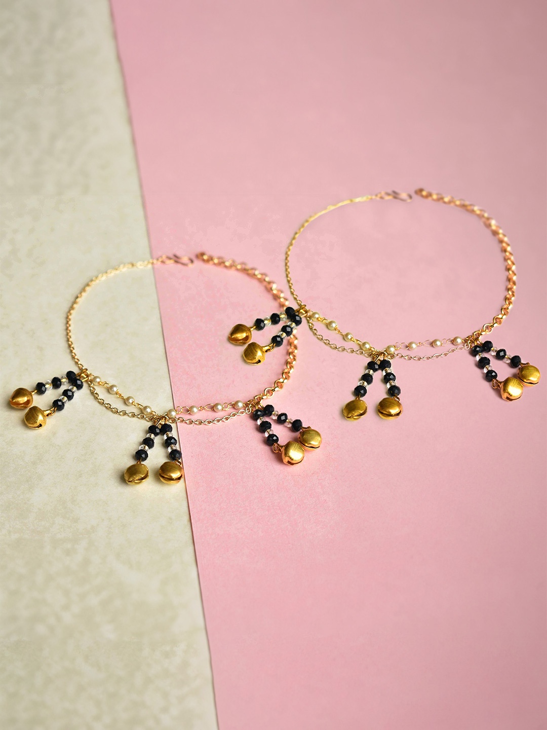 

BeAbhika Set Of 2 Gold-Plated Stones Studded Beaded Anklets