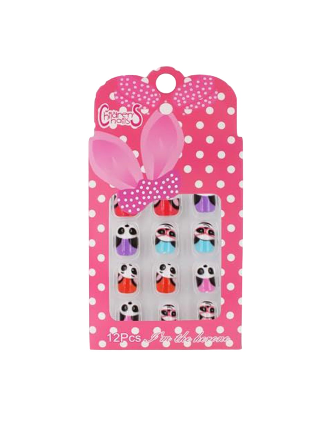 

JENNA Girls Set Of 12 Panda Design Artificial Nails With Glue, Pink