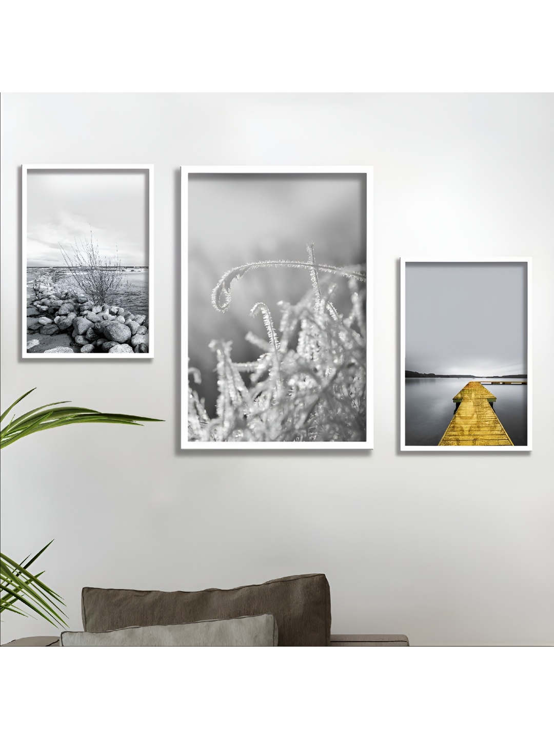 Aura Grey & Yellow 3 Pieces Wooden Abstract Wall Art