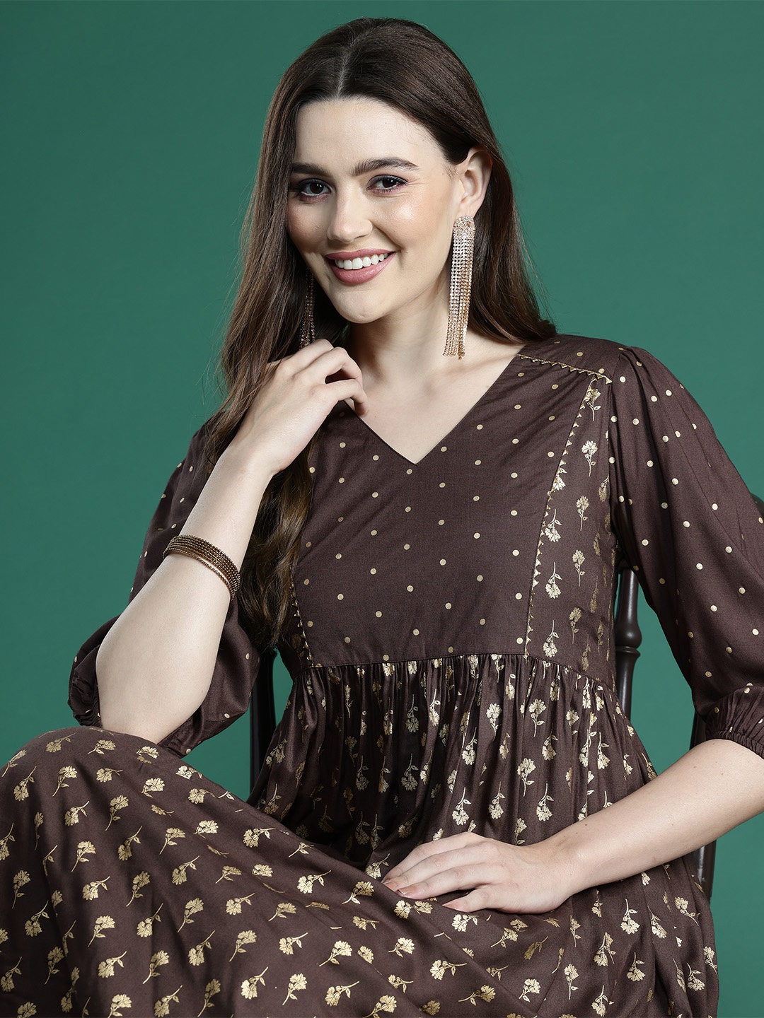 

Sangria Midi Foil Print Ethnic Pure Cotton A-Line Dress, Coffee brown