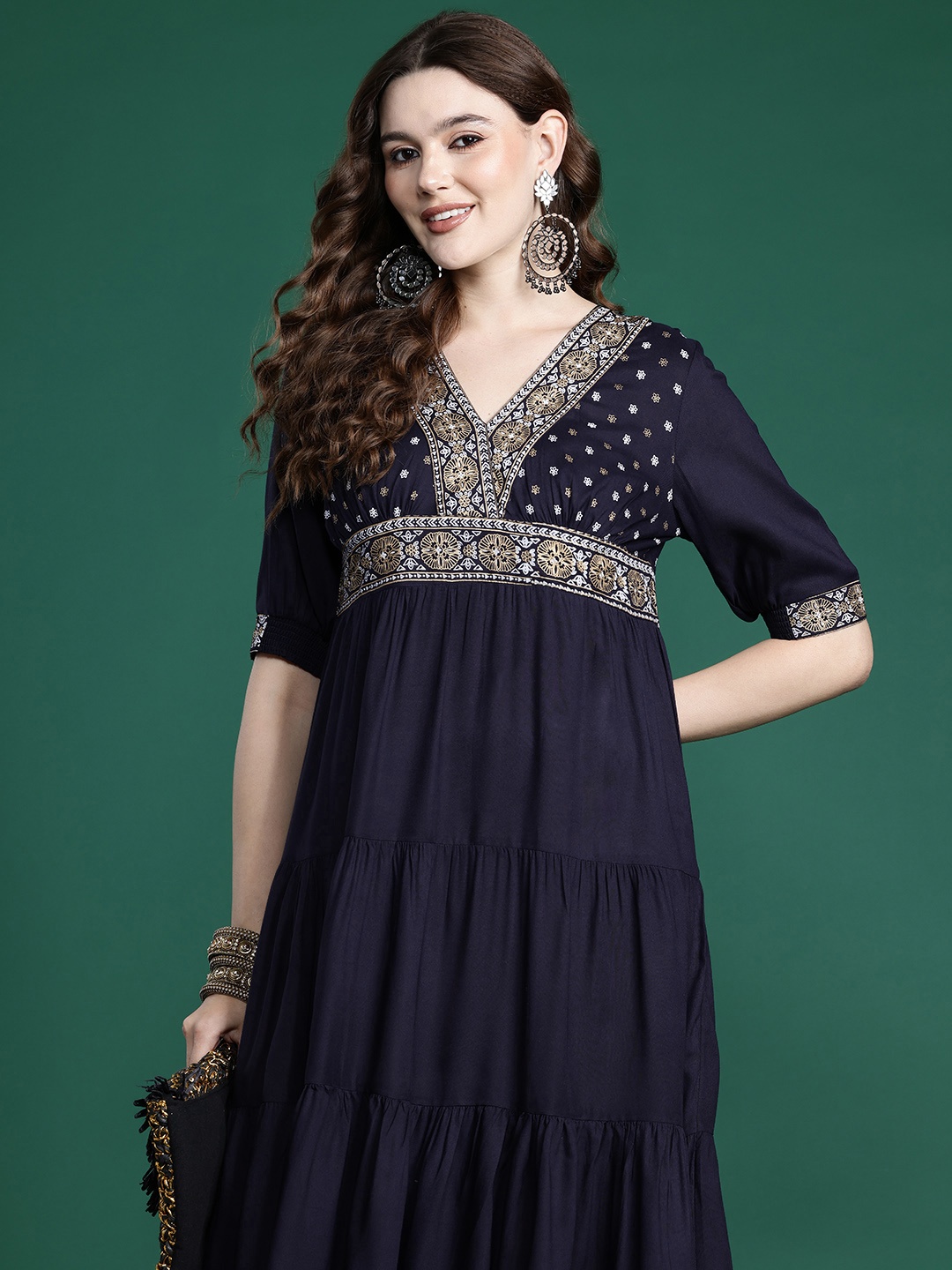 

Sangria Ethnic Motifs Print Midi Tiered Dress, Navy blue