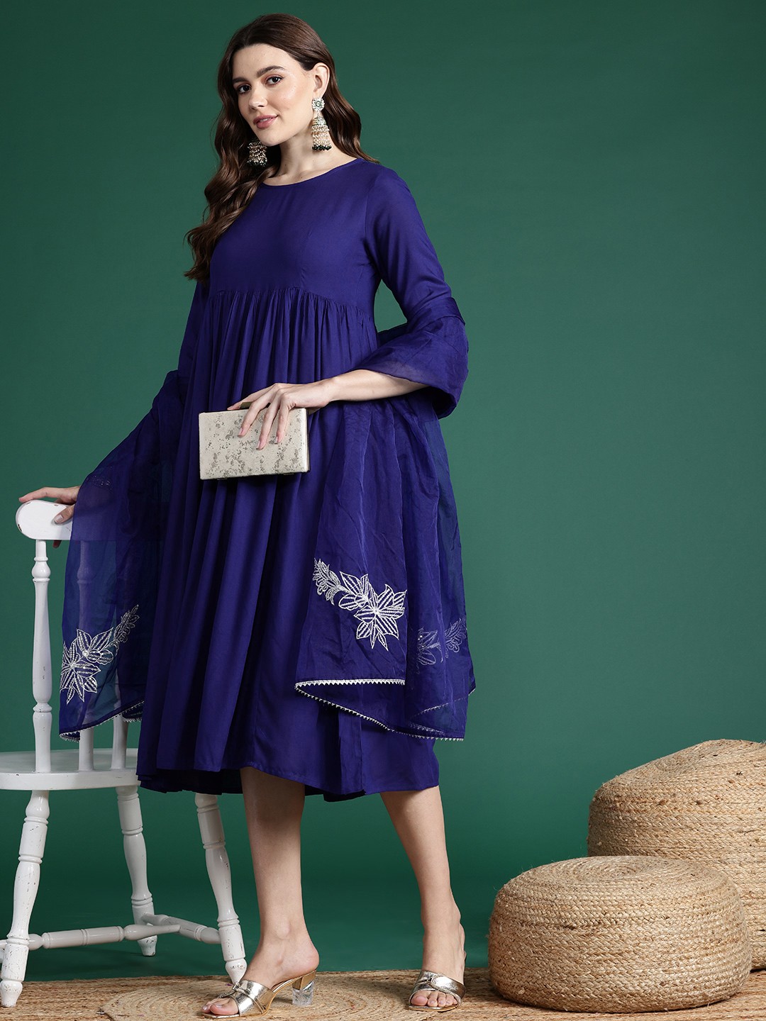 

Sangria Gotta Patti Detail Empire Dress With Sequin Detail Dupatta, Navy blue