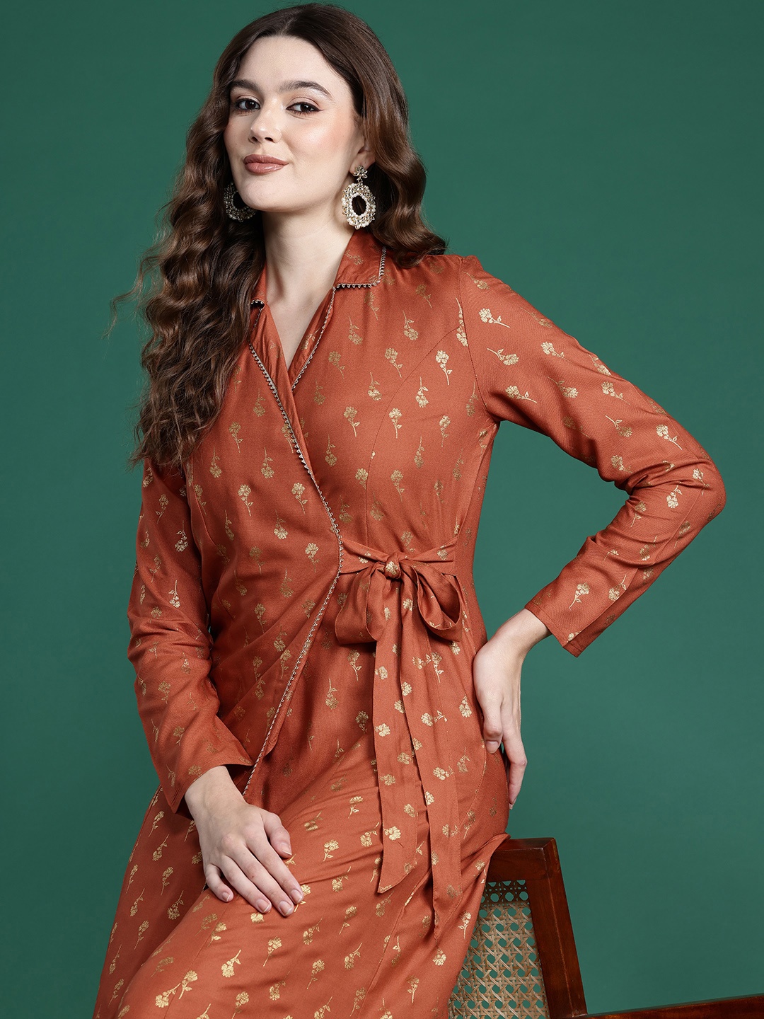 

Sangria Foil Print Wrap Ethic Dress, Rust