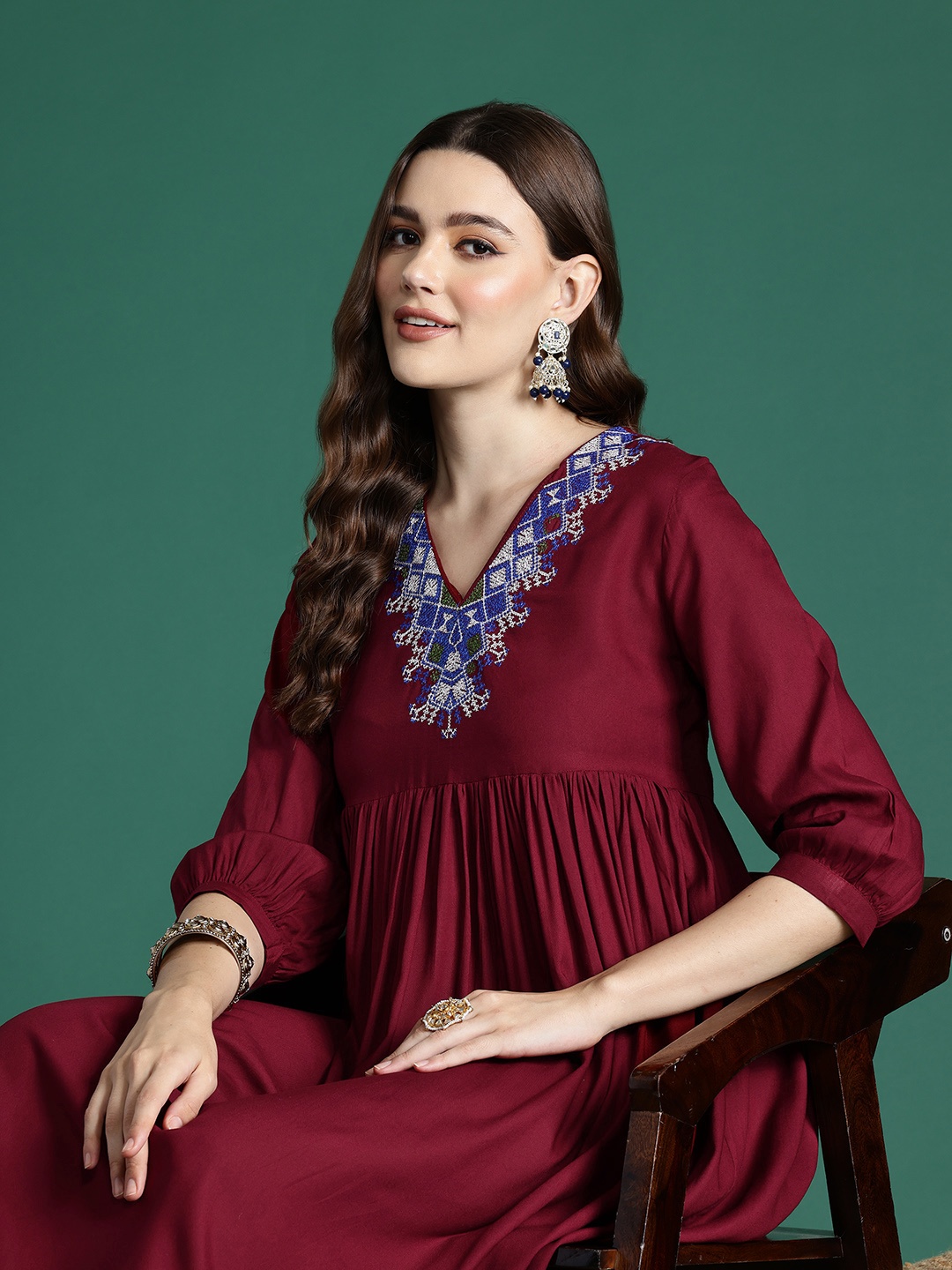

Sangria Embroidered Empire Ethnic Dress, Maroon