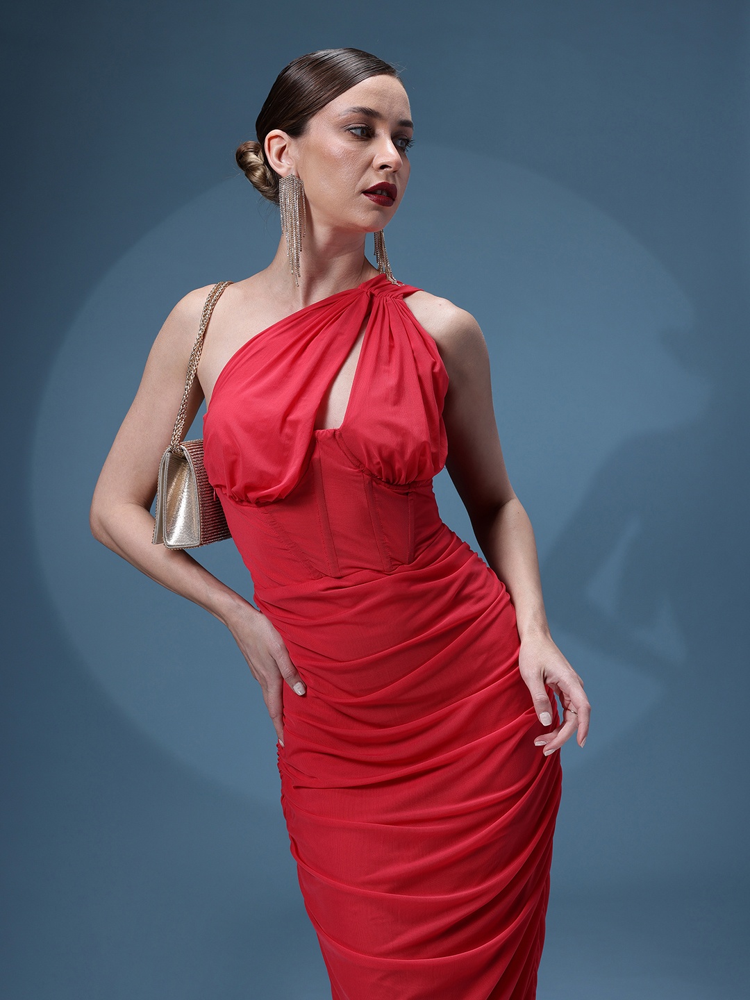 

bebe Brighter Basics One-Shoulder Ruched Bodycon Midi Dress, Red