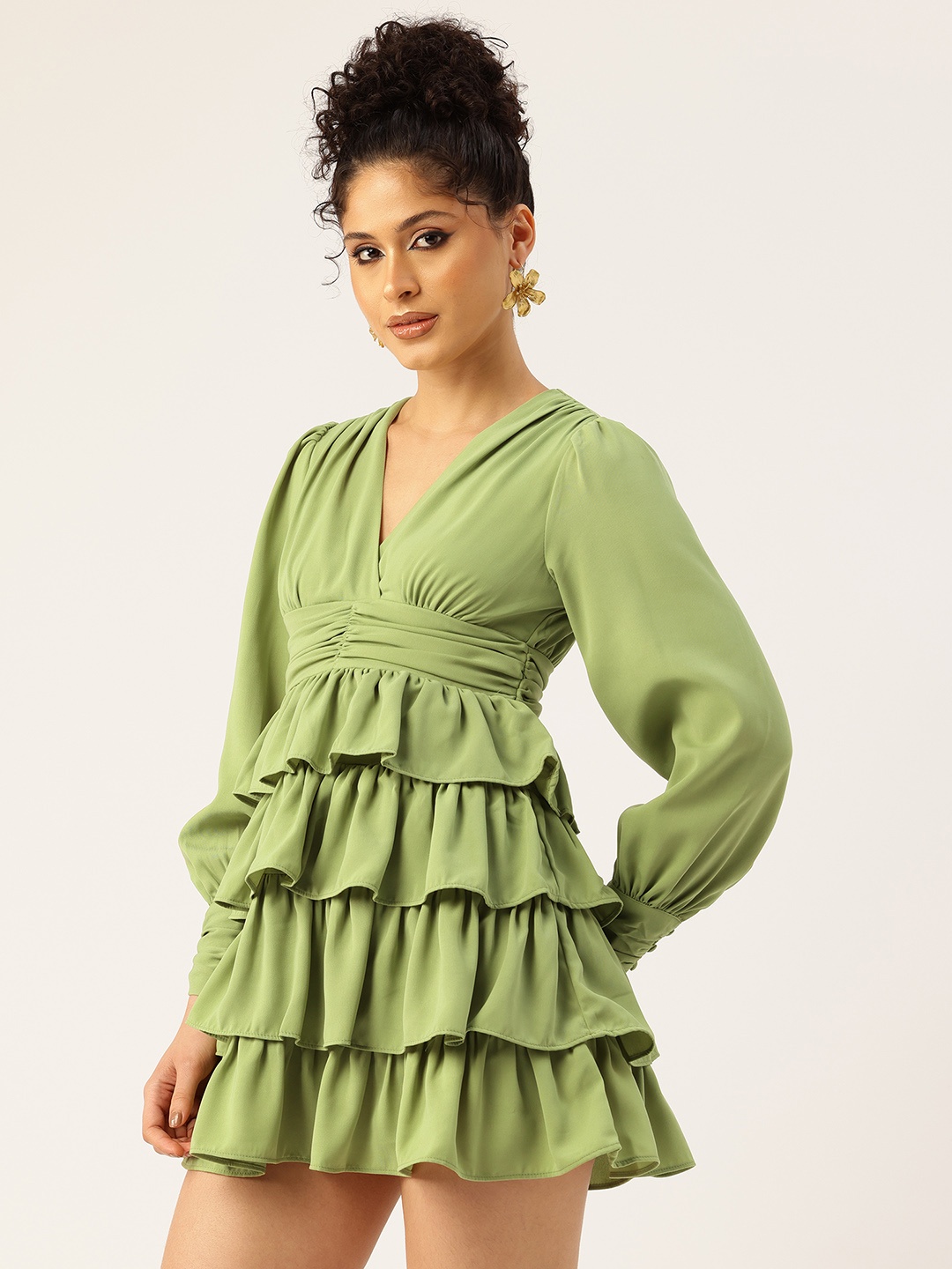 

bebe Ruched and Ruffle Detail Fit & Flare Mini Dress, Green