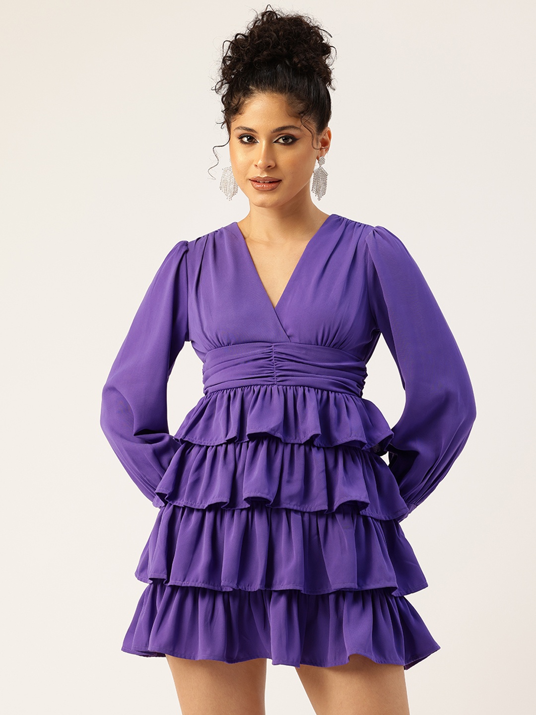 

bebe Ruched and Ruffle Detail Fit & Flare Mini Dress, Purple