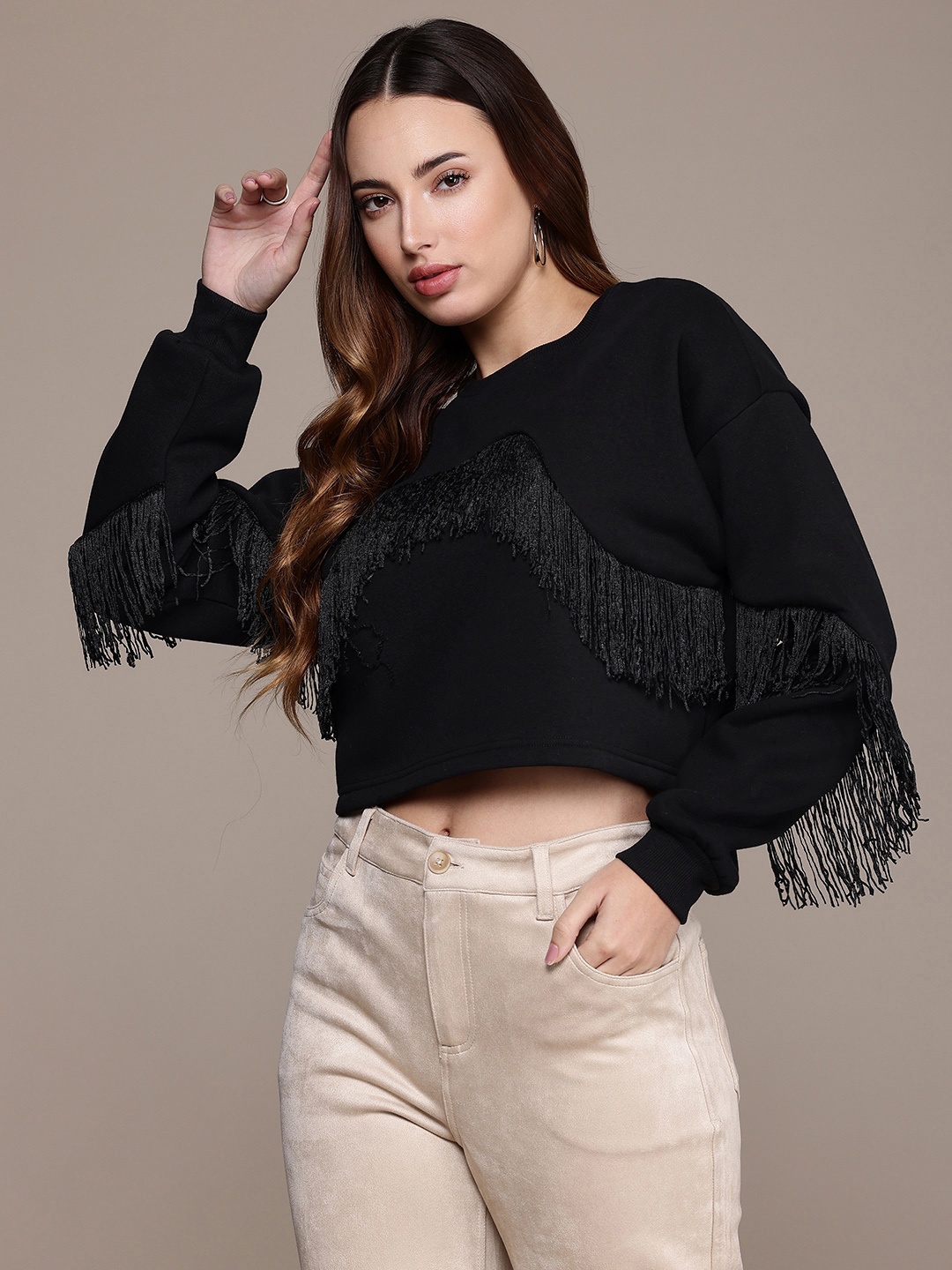 

bebe Fringe Detail Crop Sweatshirt, Black