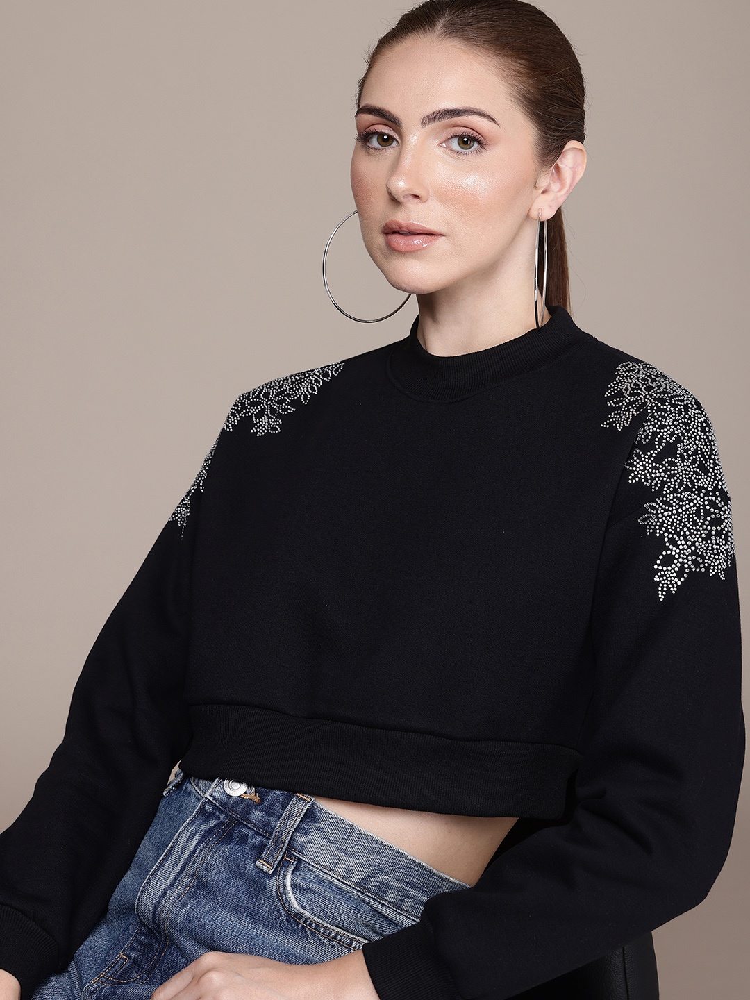 

bebe Floral Embellished Crop Sweatshirt, Black